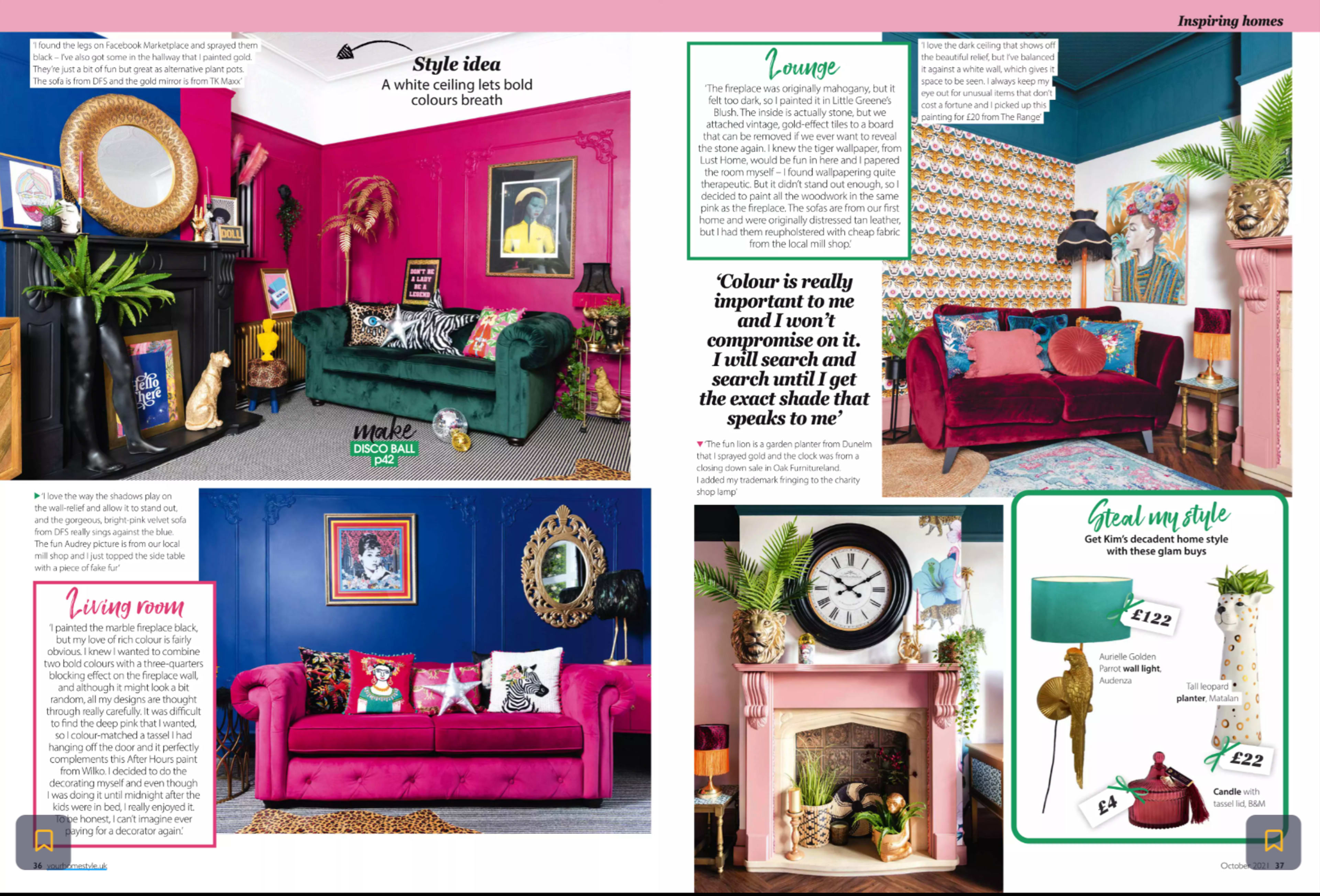 A styled living room with vibrant colored walls, eclectic furniture, and decorative accessories arranged in a visually appealing layout.