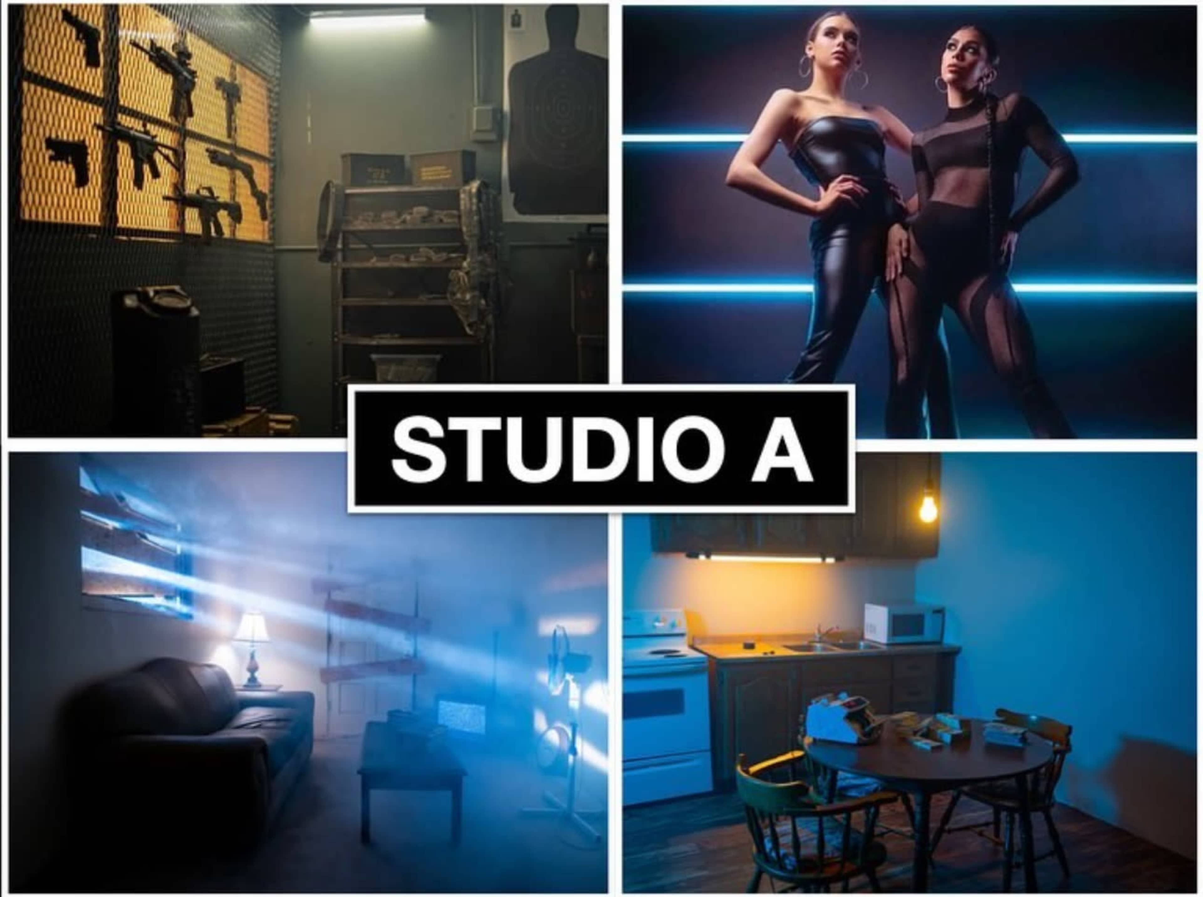 Four distinct scenes: a gun storage area, two models posing under blue lights, a dimly lit living room with a couch, and a kitchen dining area illuminated by ambient light.