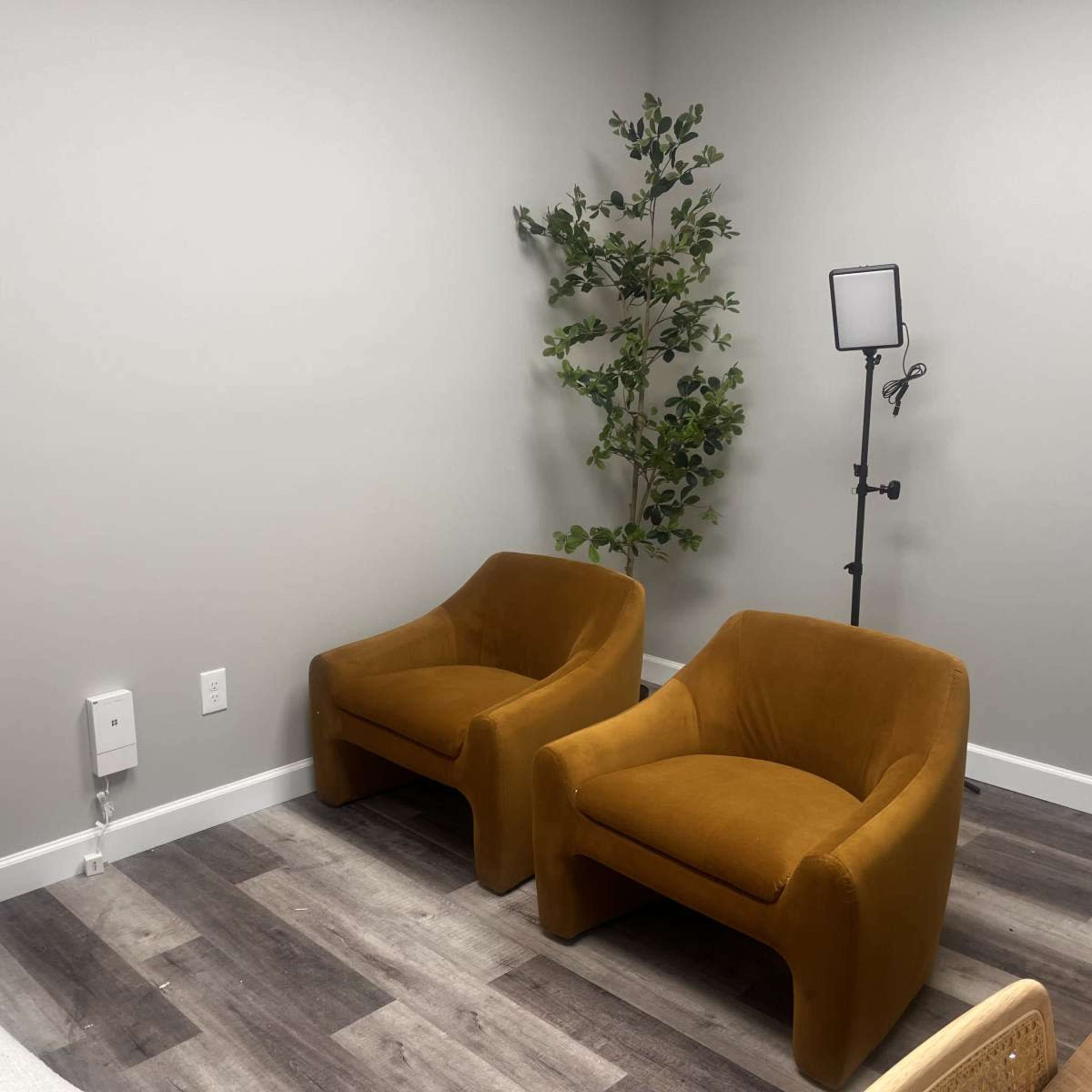 The image shows two orange chairs positioned adjacent to a small potted plant in a minimalist room with wooden flooring.