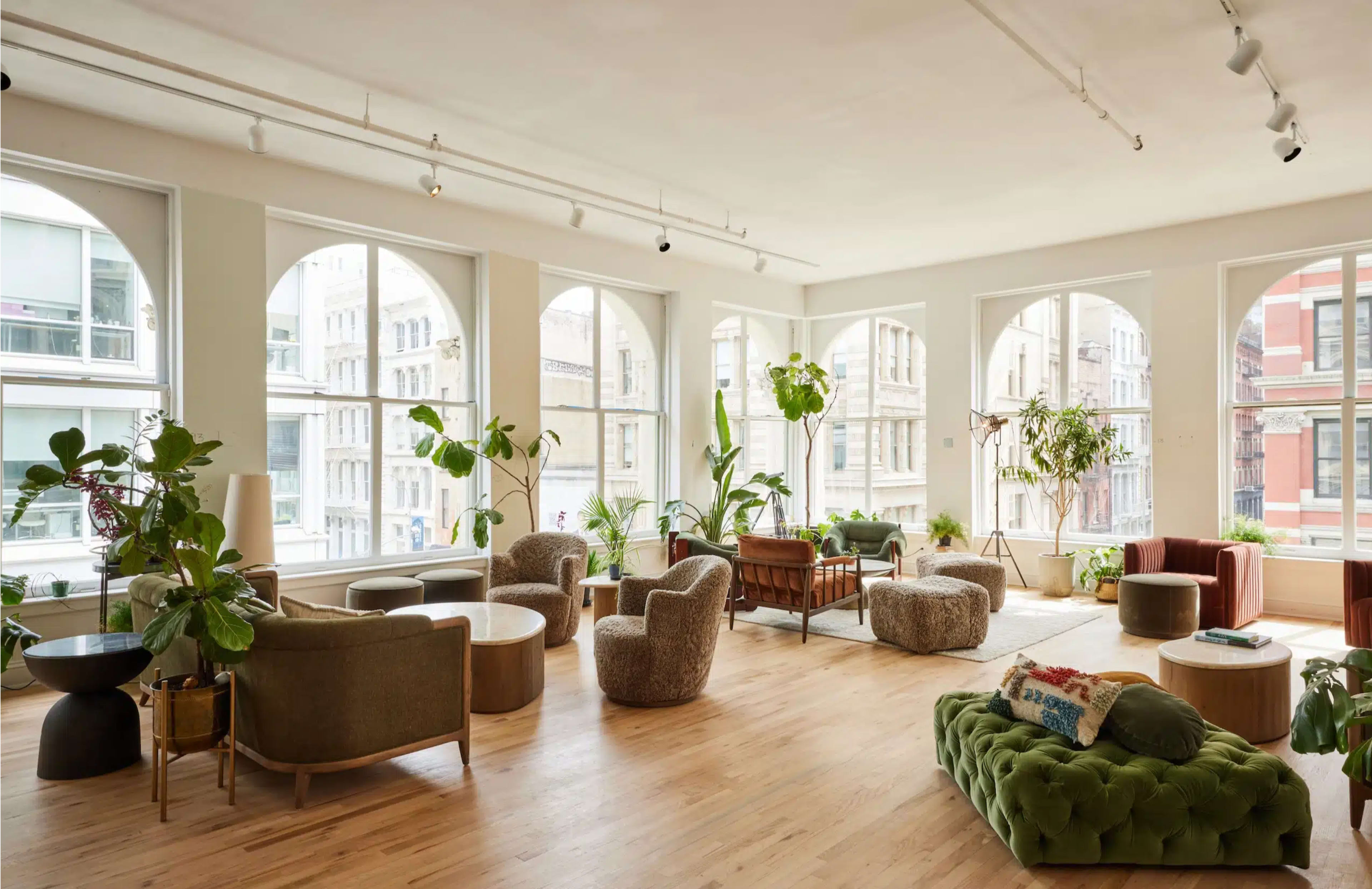 The image shows a bright, spacious living area with large windows, stylish seating, and numerous indoor plants.