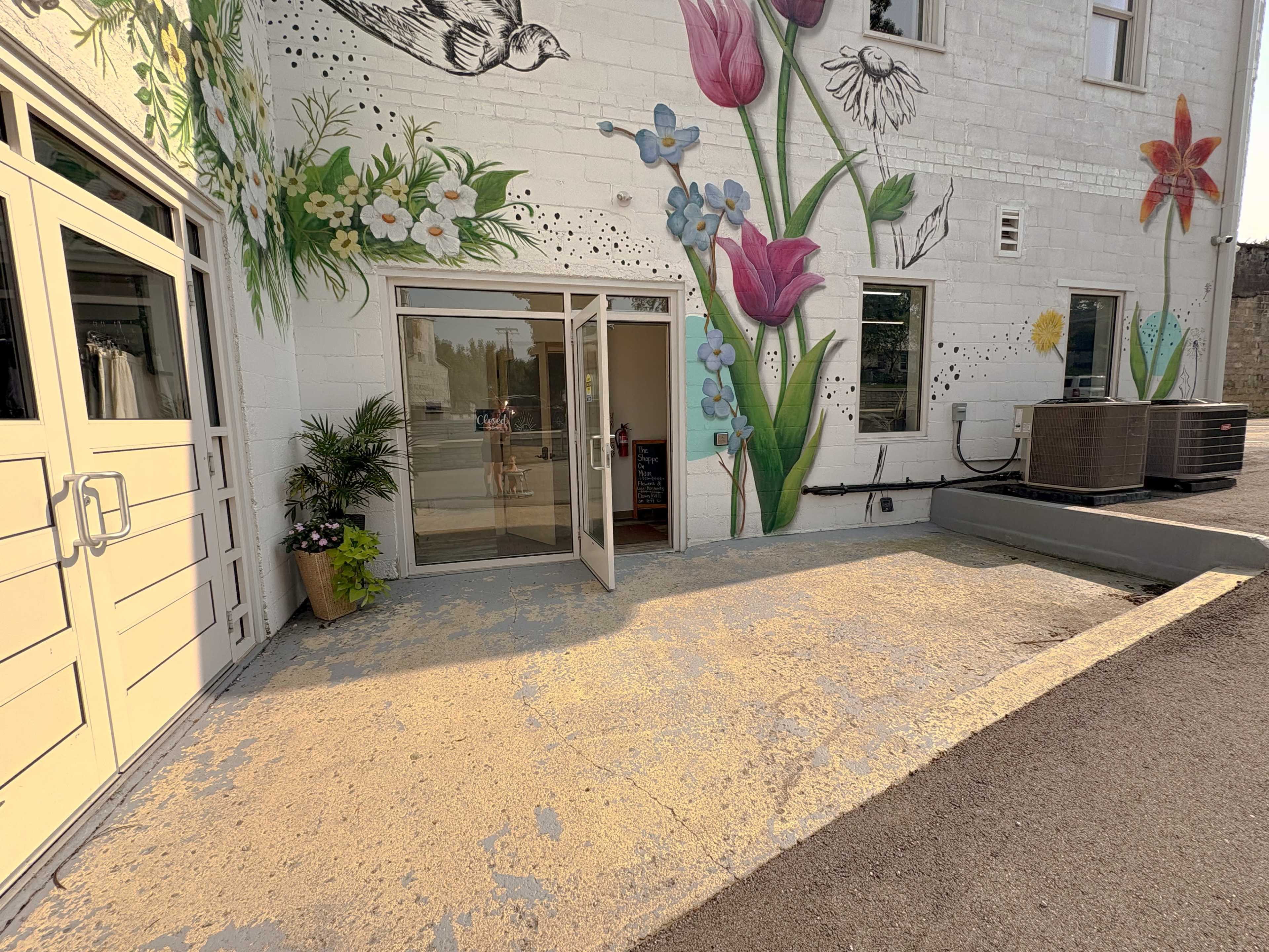 The image shows an entrance to a building with a mural depicting flowers and birds on its wall, along with two air conditioning units positioned nearby.