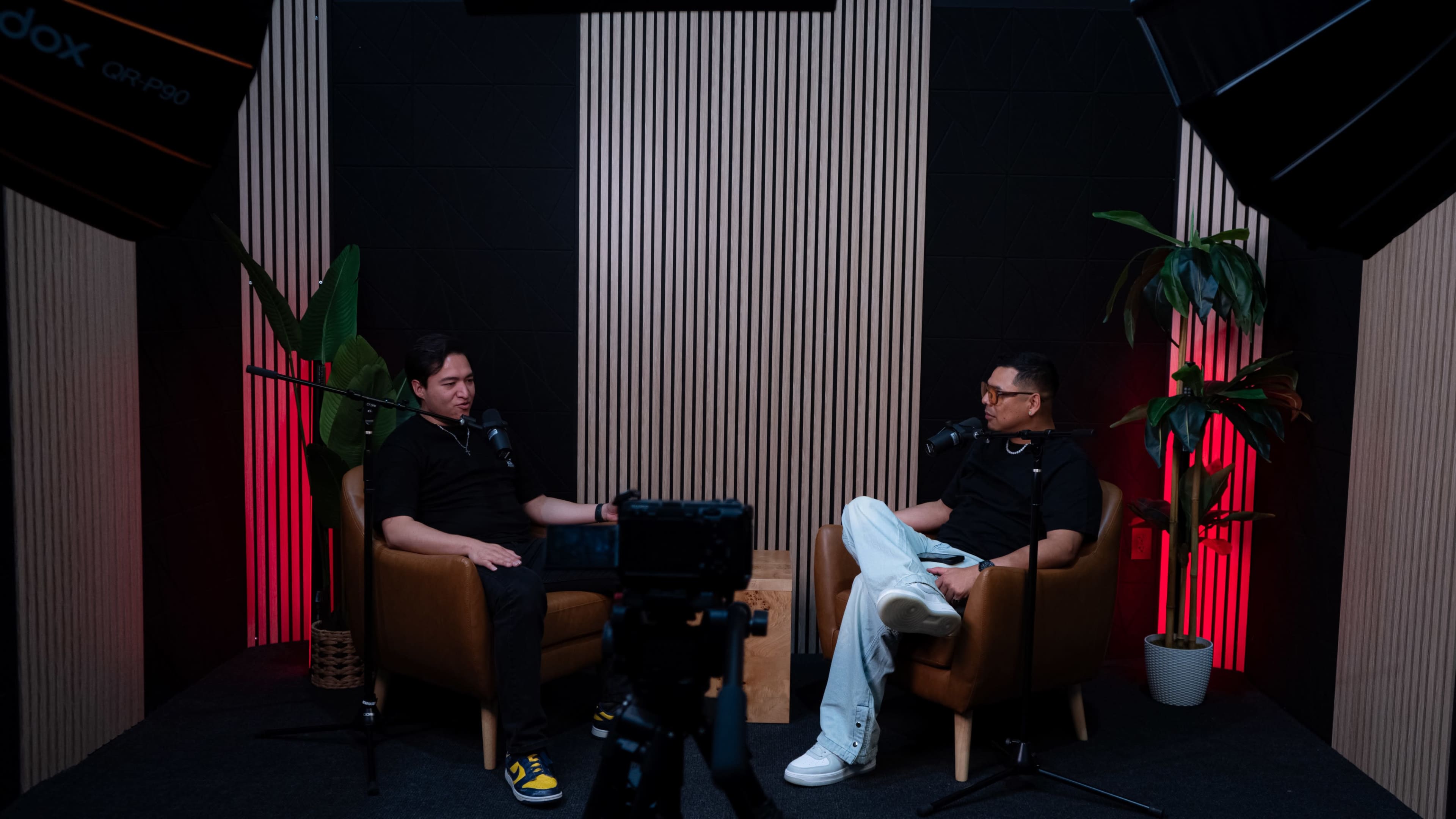 Two men are seated in armchairs in a studio setting, equipped with microphones and surrounded by plants, while a camera is positioned in the foreground.