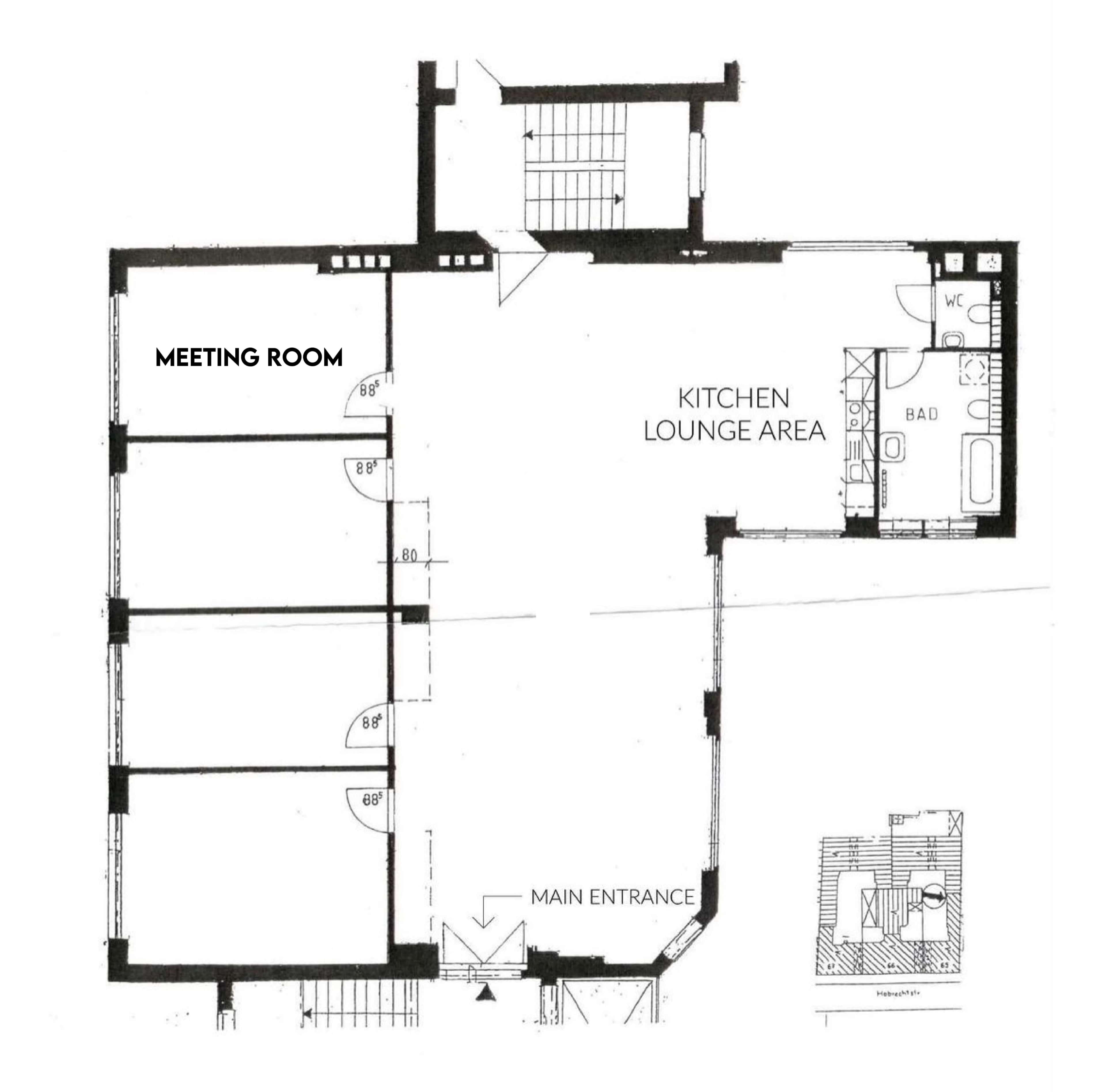 The image shows a floor plan with labeled areas including a meeting room, kitchen lounge area, and main entrance.