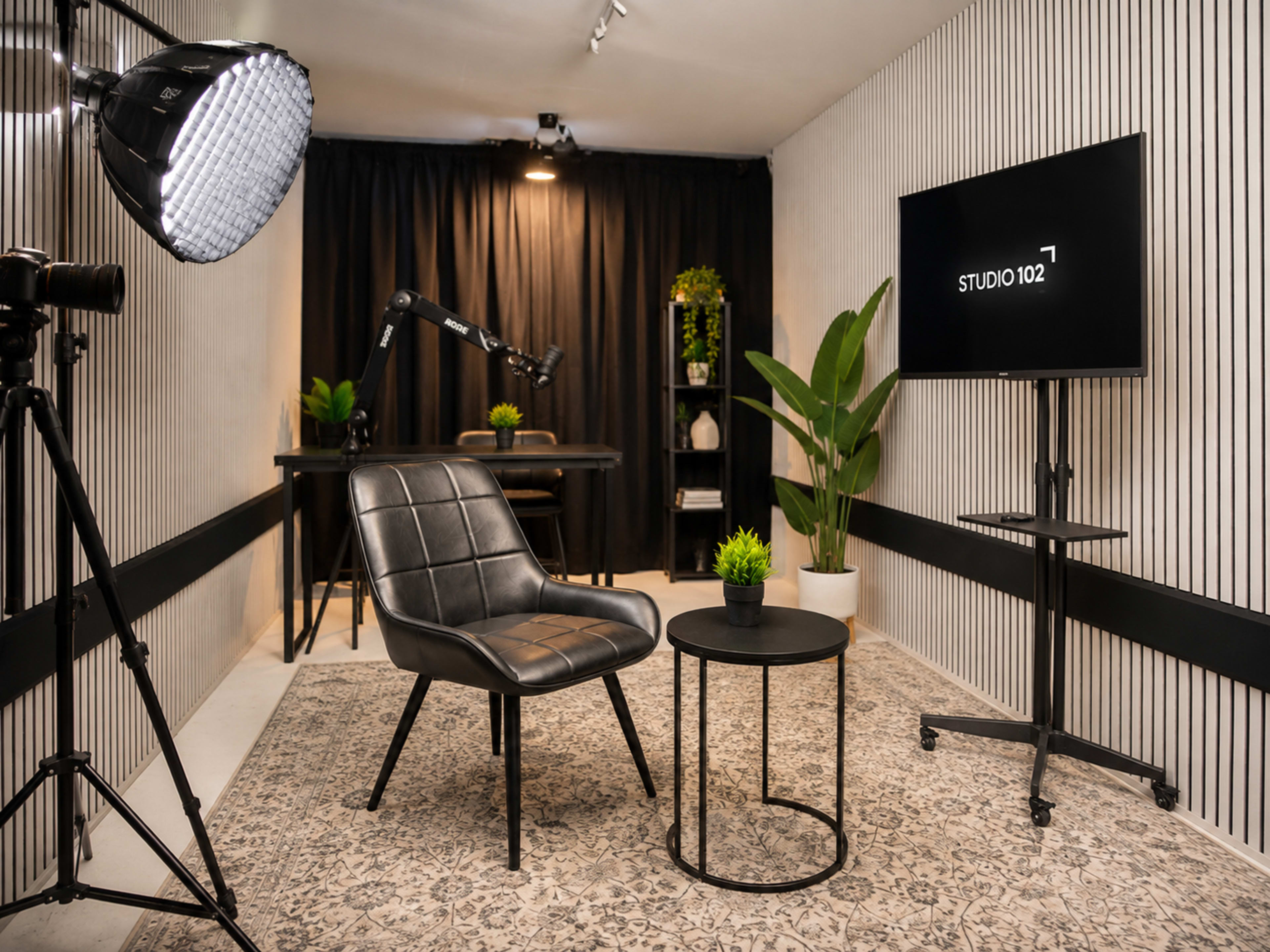 A modern studio setup features a black chair and a small round table with a plant, alongside a wall-mounted screen displaying "STUDIO 102," all set against a backdrop of striped walls and indoor plants.