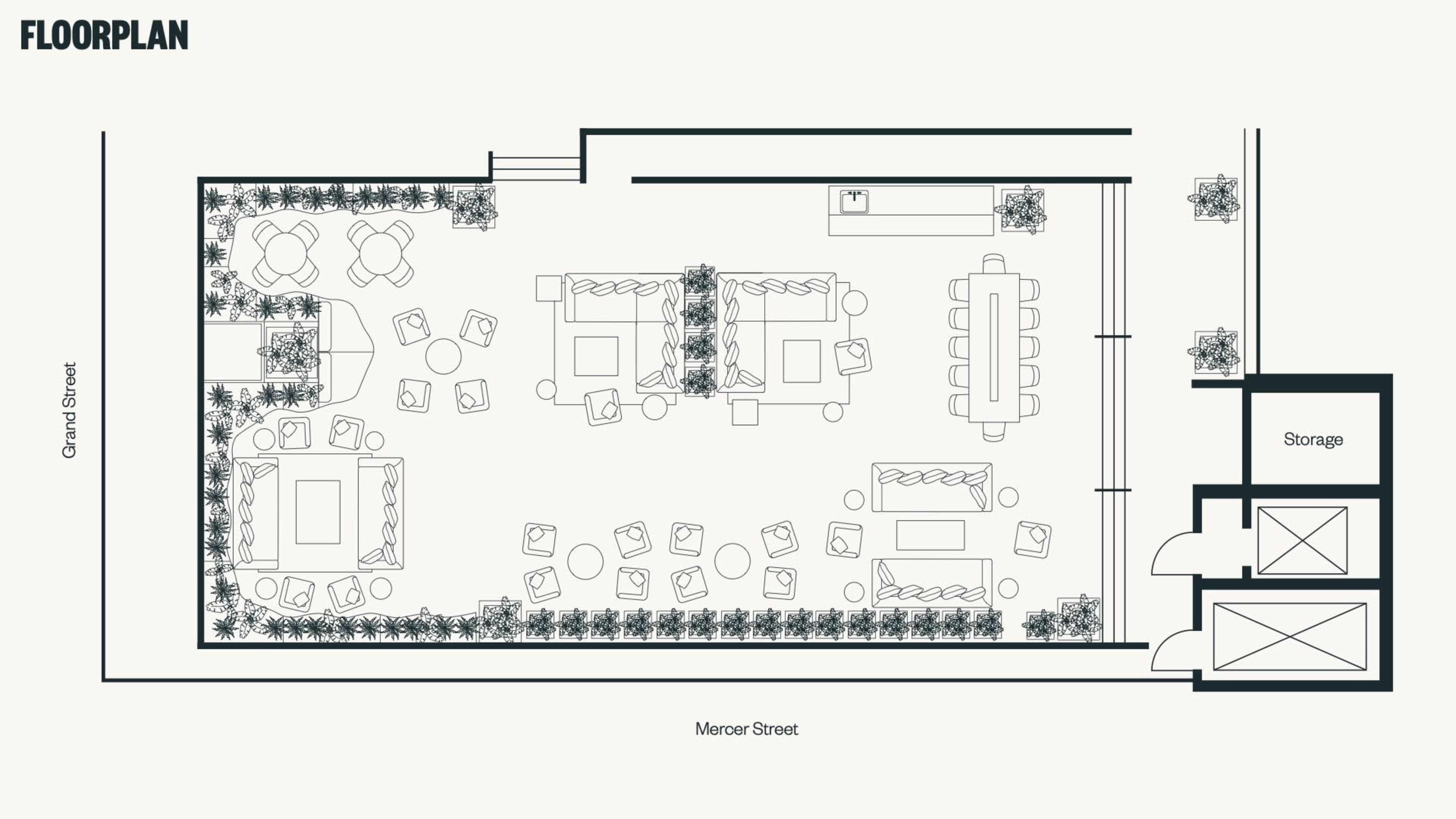 The image shows a floor plan layout of a spacious area featuring a central seating arrangement, dining space, and storage areas with entrances on adjacent streets.