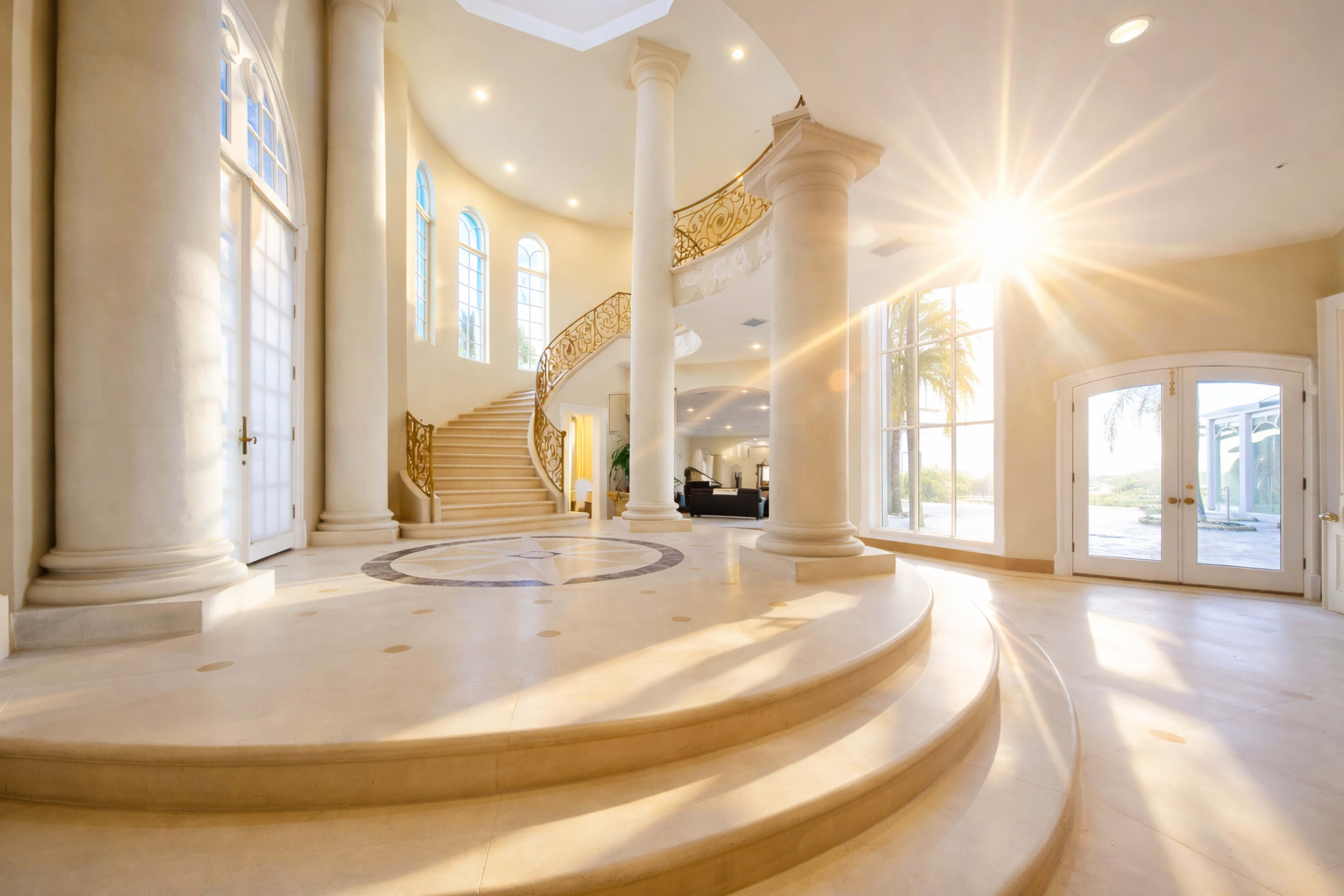 The image shows an elegantly designed foyer with a spiral staircase, tall arched windows, and sunlight streaming through, illuminating the space.