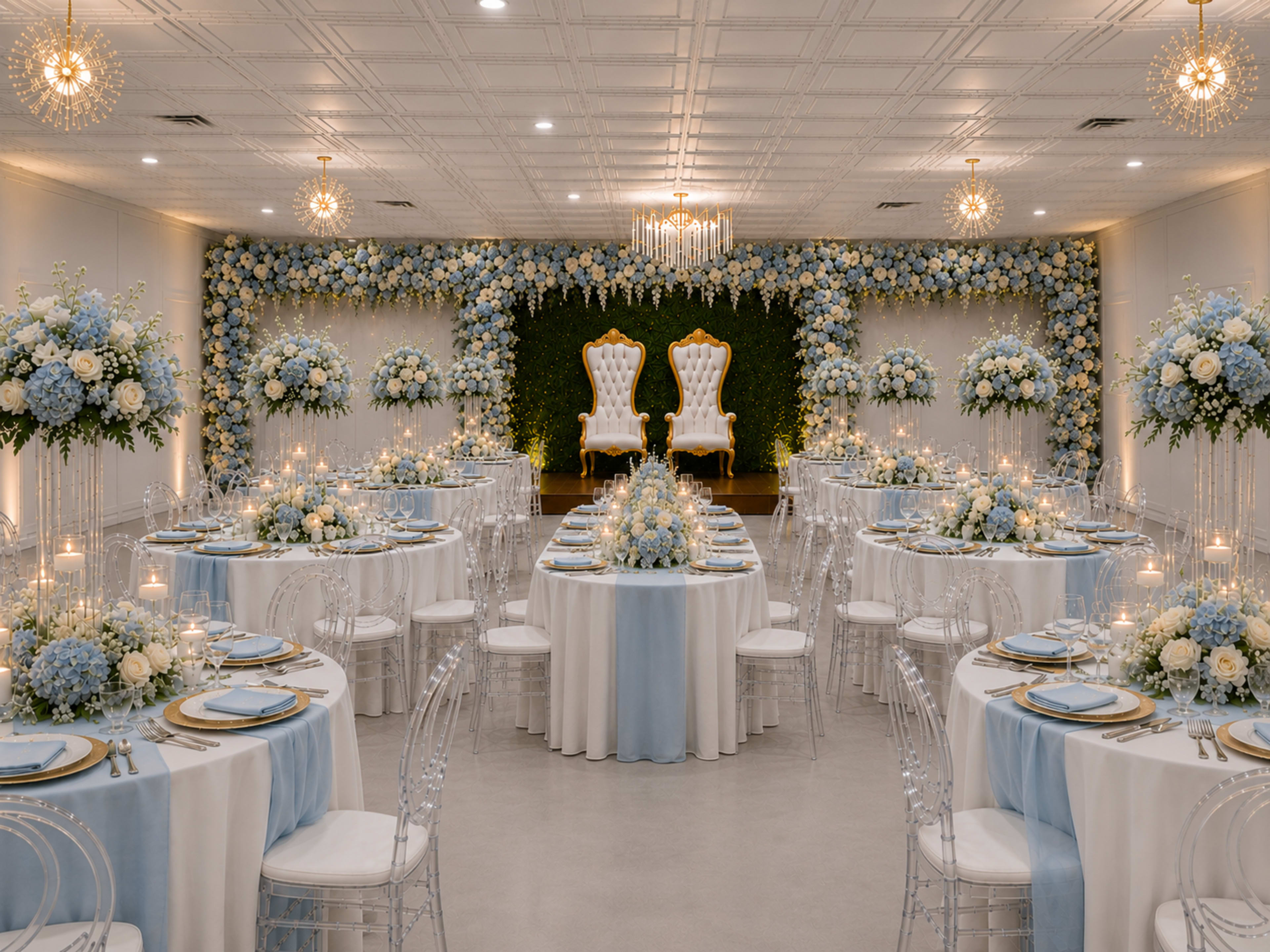 The image depicts an elegantly decorated banquet hall featuring round tables set with blue and white floral centerpieces and two ornate white chairs positioned on a stage at the back, surrounded by flower arrangements.