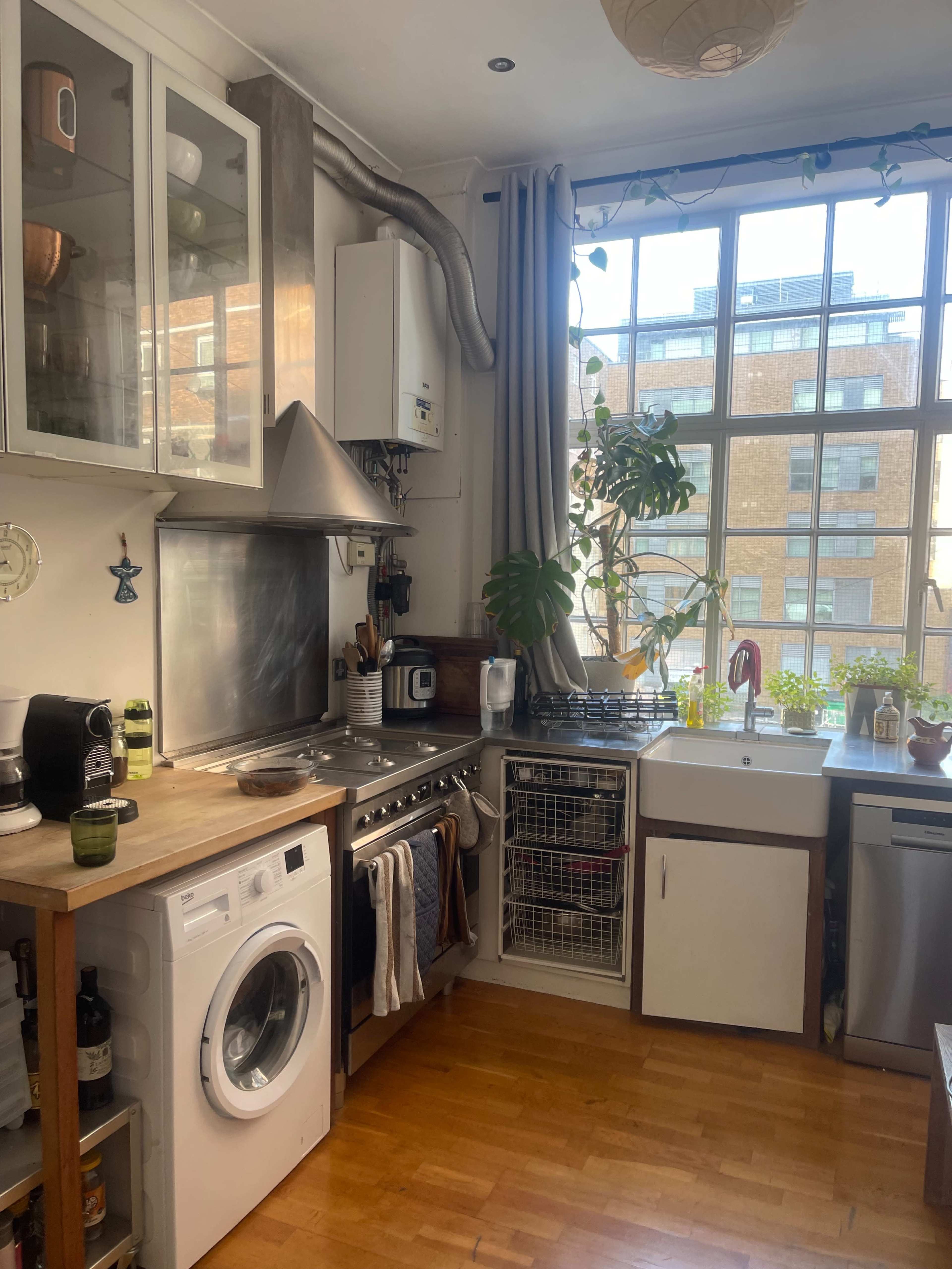 The image shows a modern kitchen with a washing machine, a stove, and large windows allowing natural light to enter, along with plants on the windowsill.