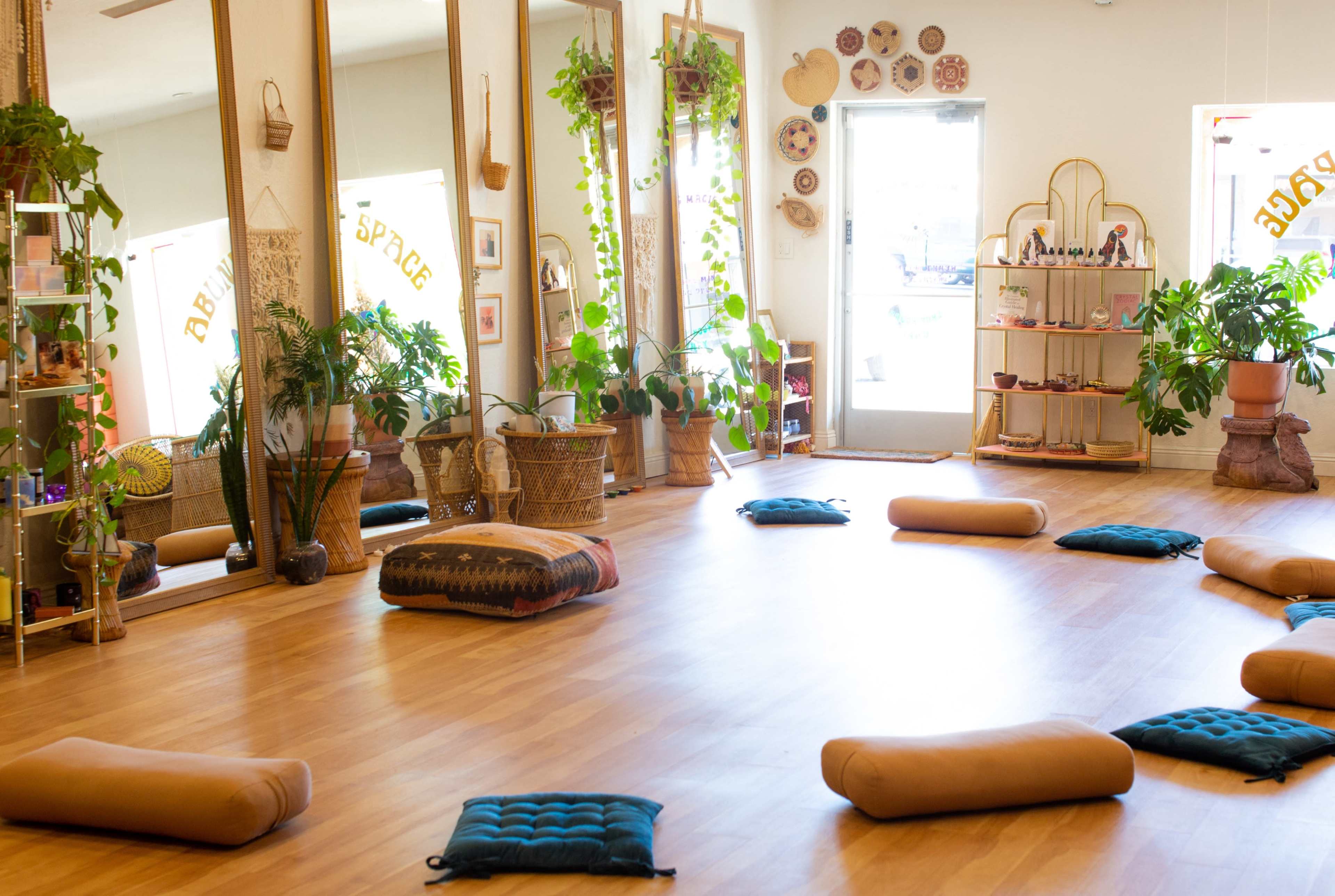 A spacious room with wooden flooring, several cushions arranged on the floor, large mirrors, and various plants placed around the area.