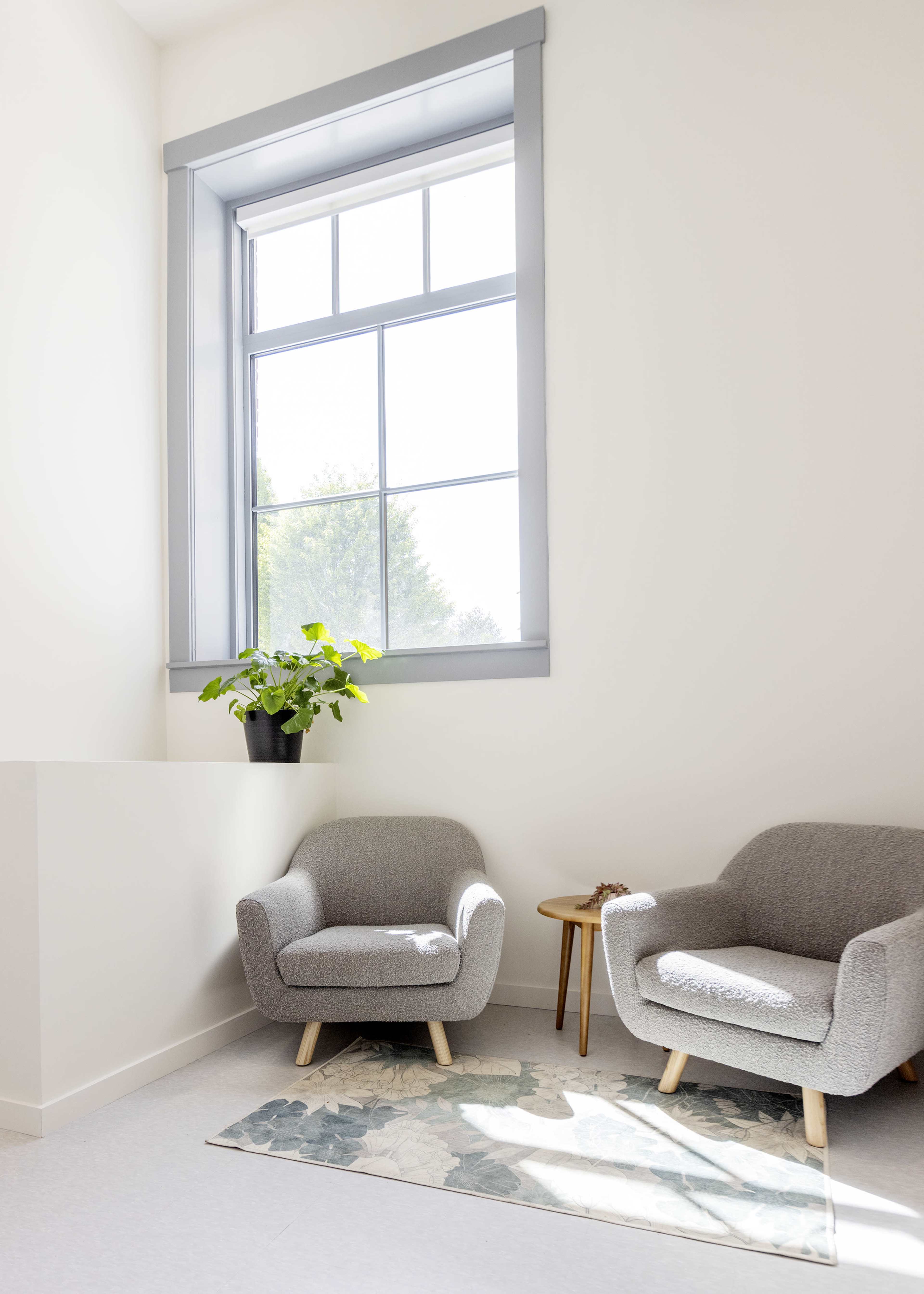 A bright room features two gray armchairs, a small side table, and a large window with a potted plant beside it.