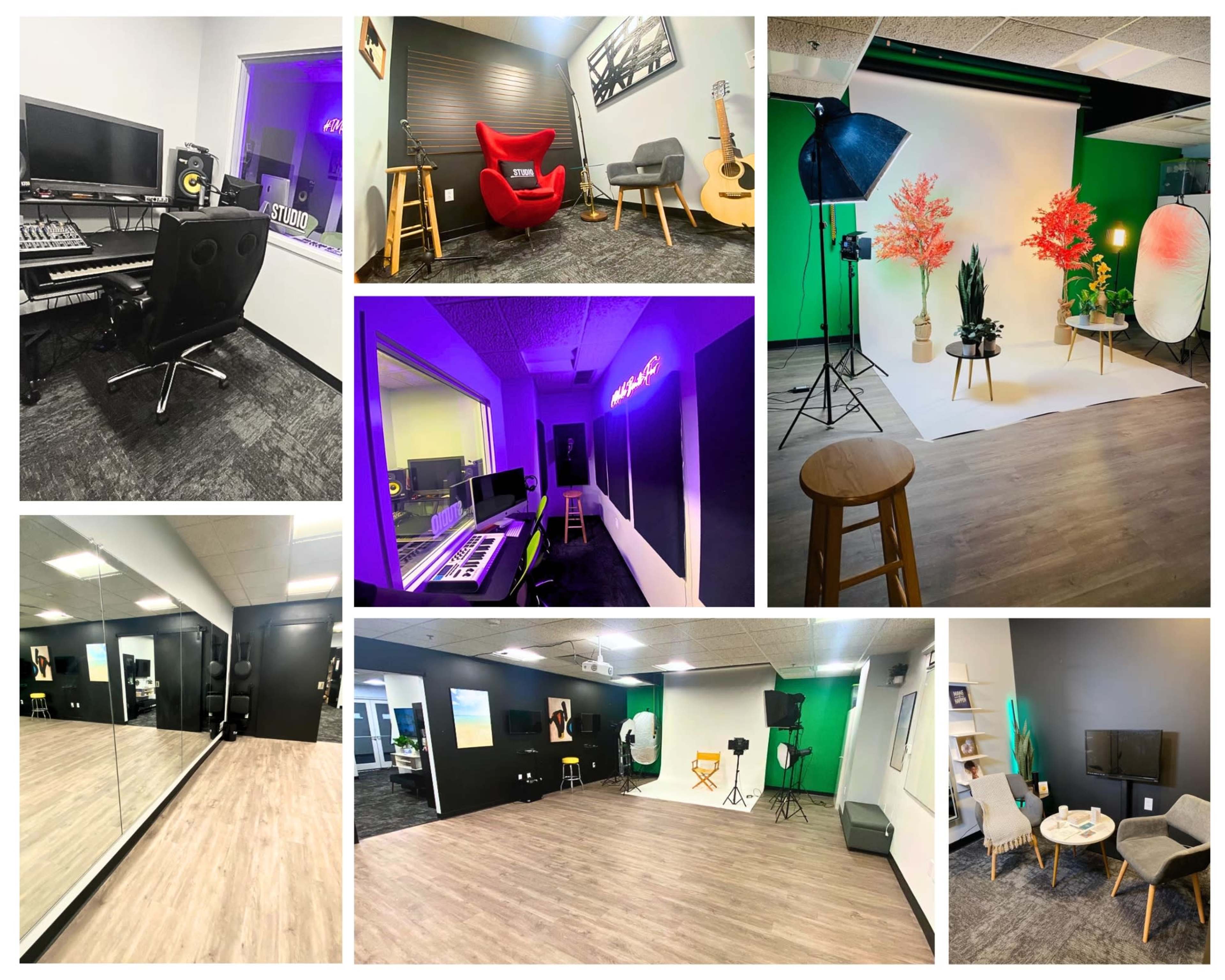A multimedia studio featuring various workspaces, including a recording area, a photo backdrop with lighting, and a mirror for practice or performance.