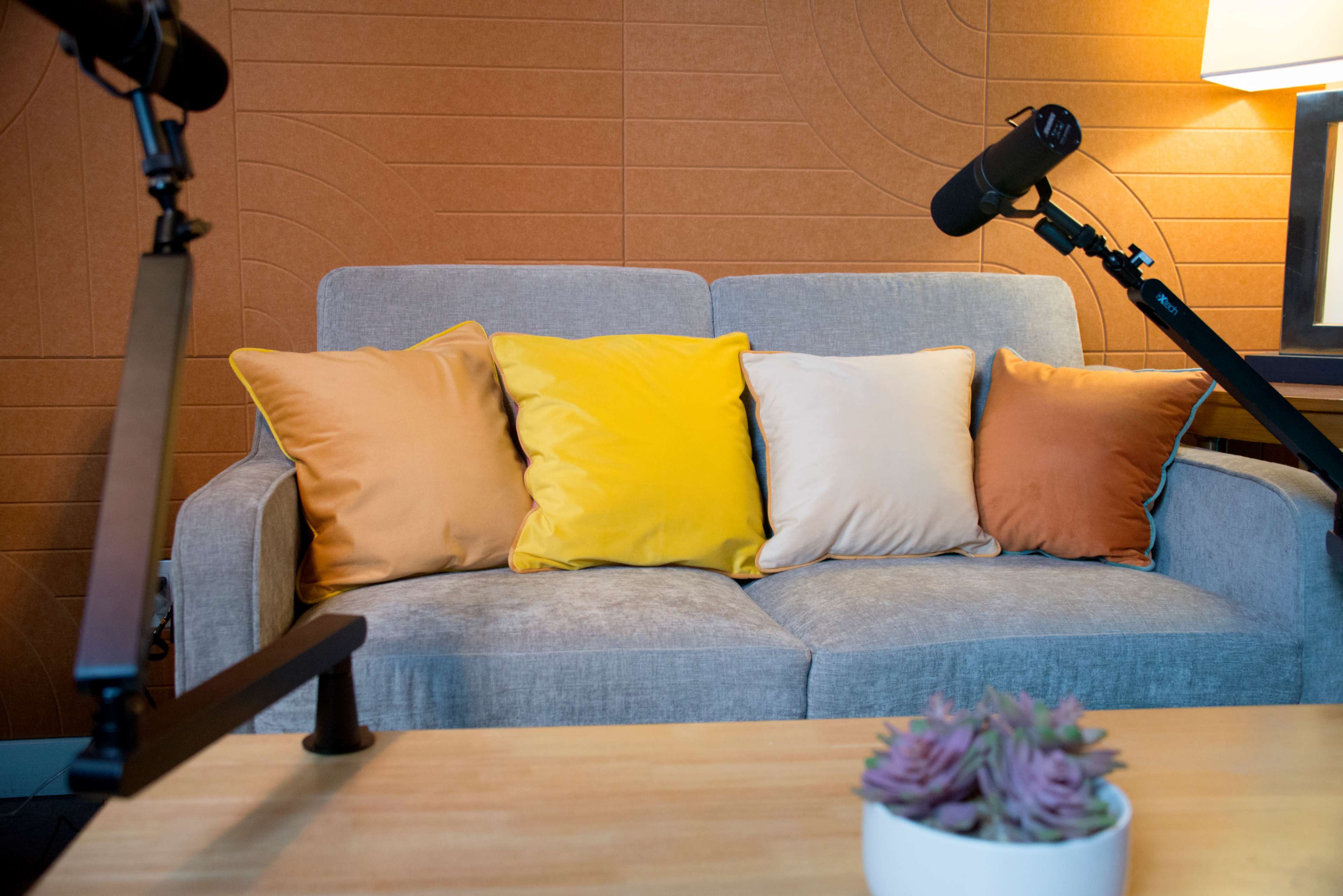 The image shows a gray couch with five decorative cushions in various colors, positioned in a room with a warm-toned wall and a table with a small plant.