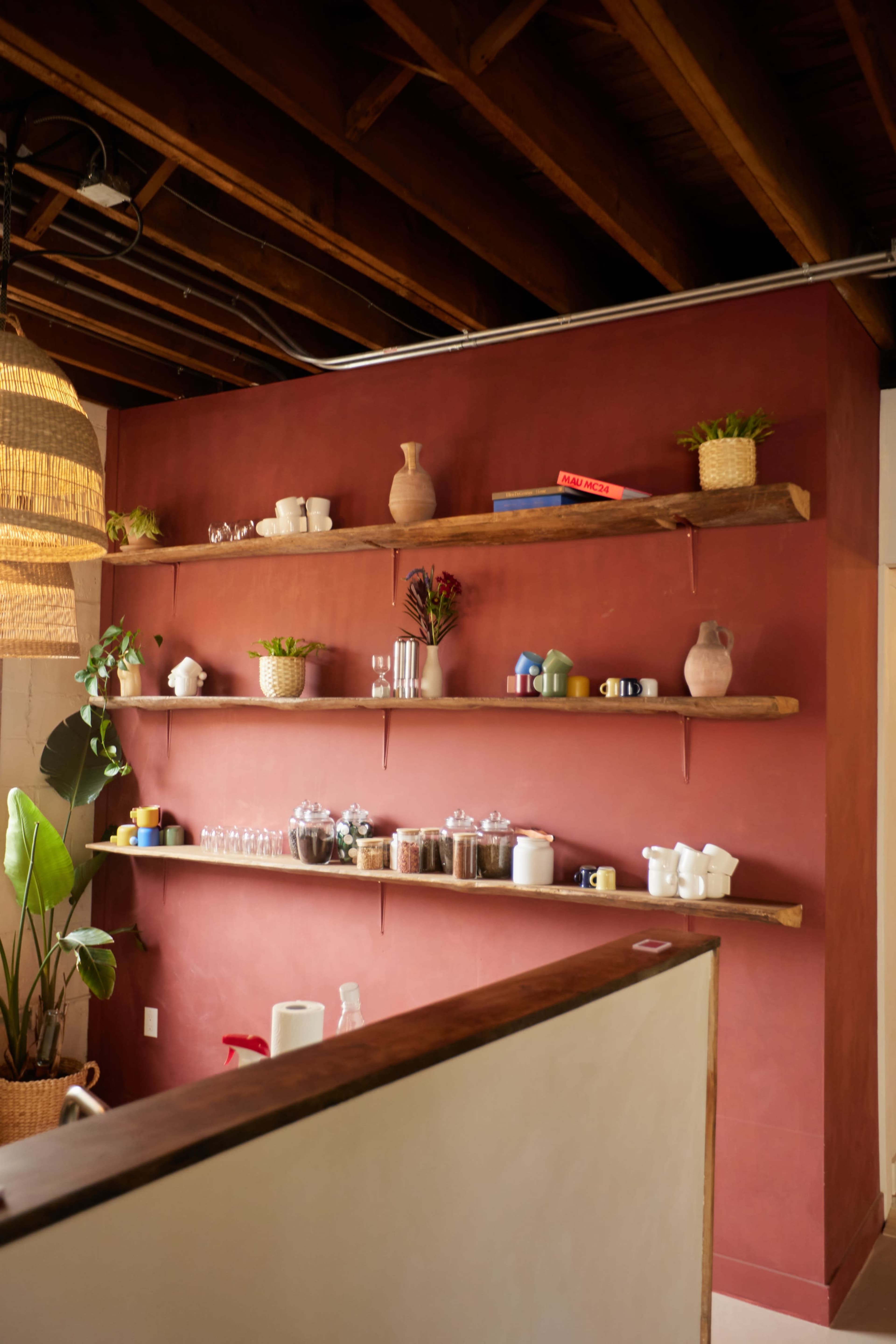The image shows a section of a room featuring a wall with floating wooden shelves that hold various decorative items and plants, set against a reddish wall.