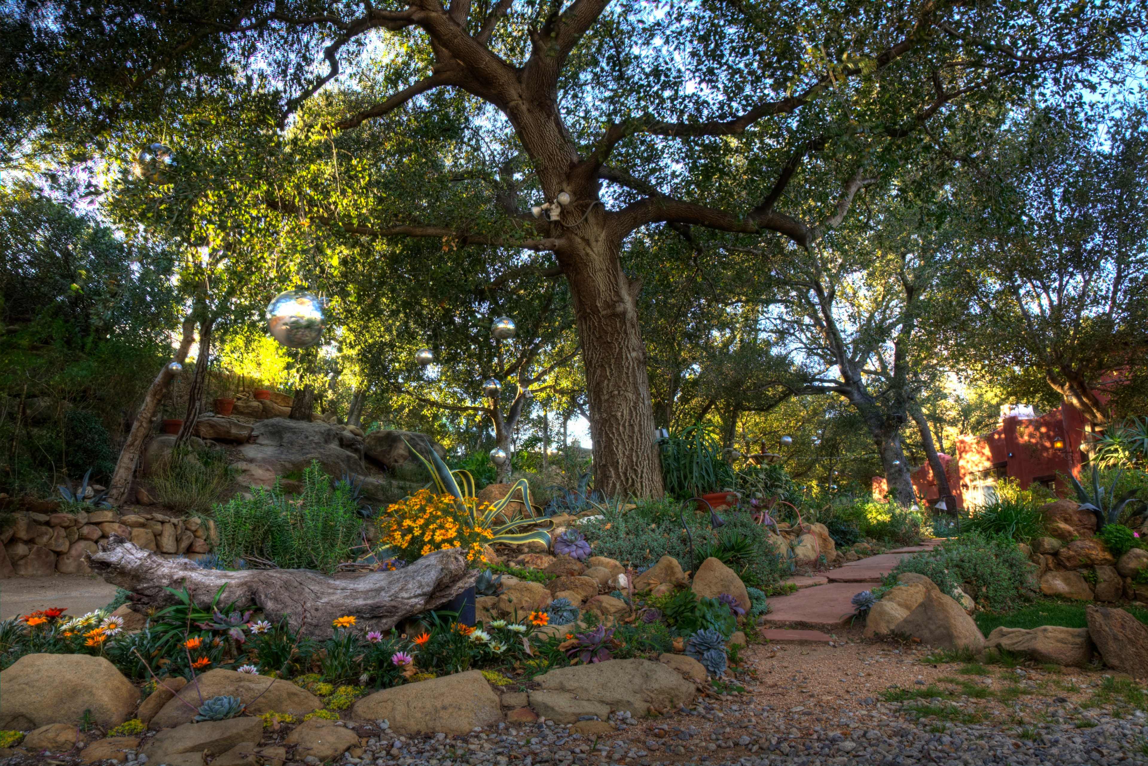 A winding stone path leads through a lush garden filled with a variety of plants and flowers, under the shade of a large tree.
