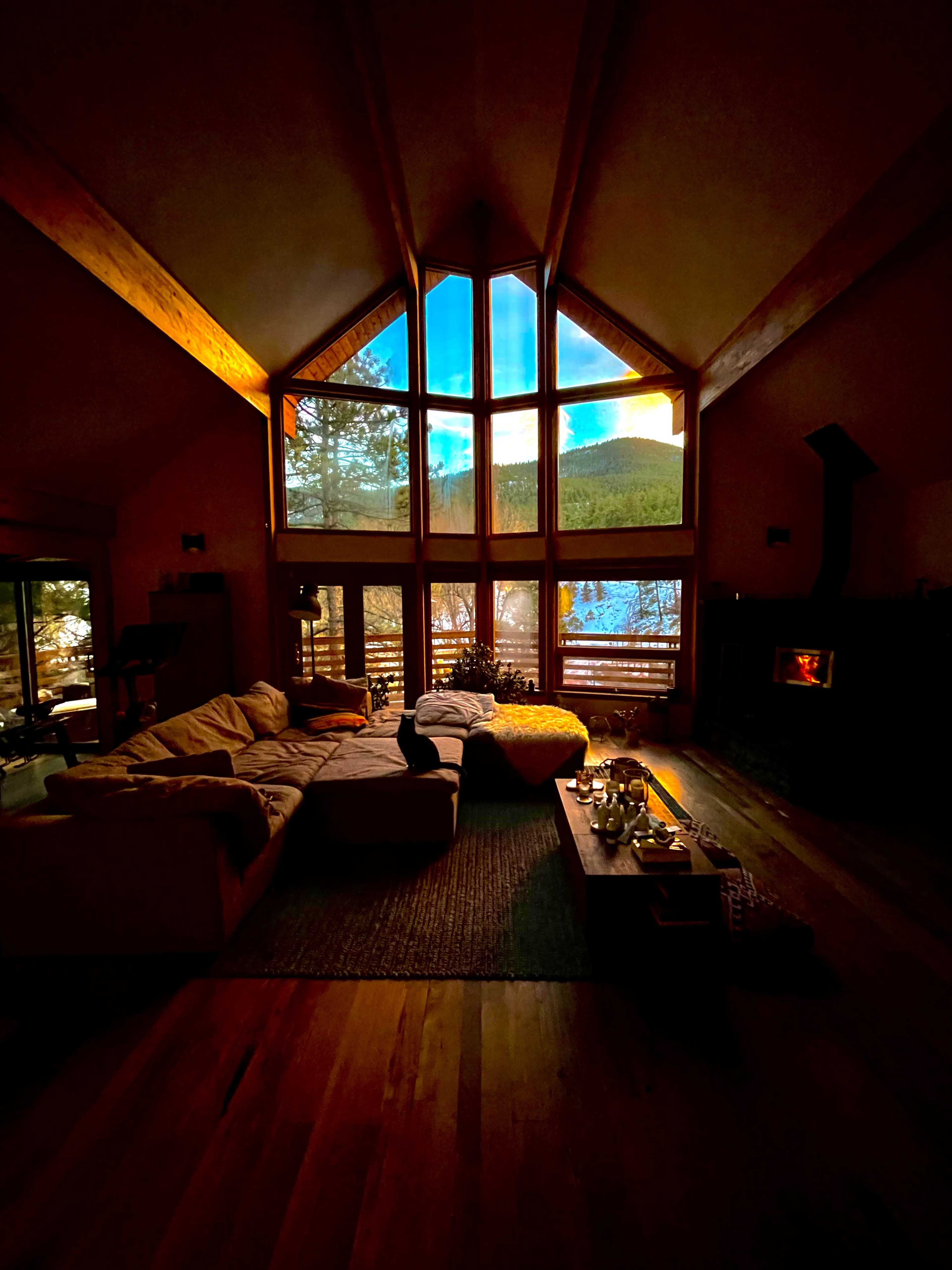 A cozy living room features large windows that provide a view of trees and mountains, with a fireplace and comfortable seating arranged around a coffee table.
