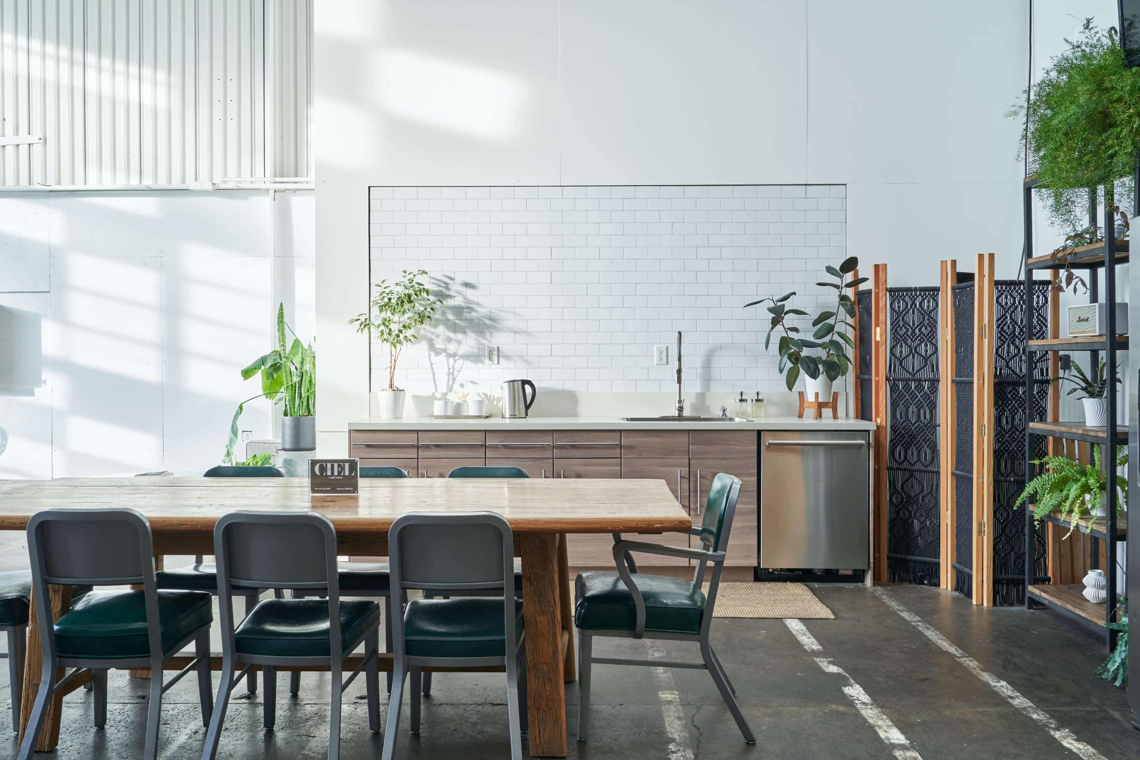 A spacious kitchen features a wooden dining table, stainless steel appliances, and an arrangement of plants near a tiled backsplash.