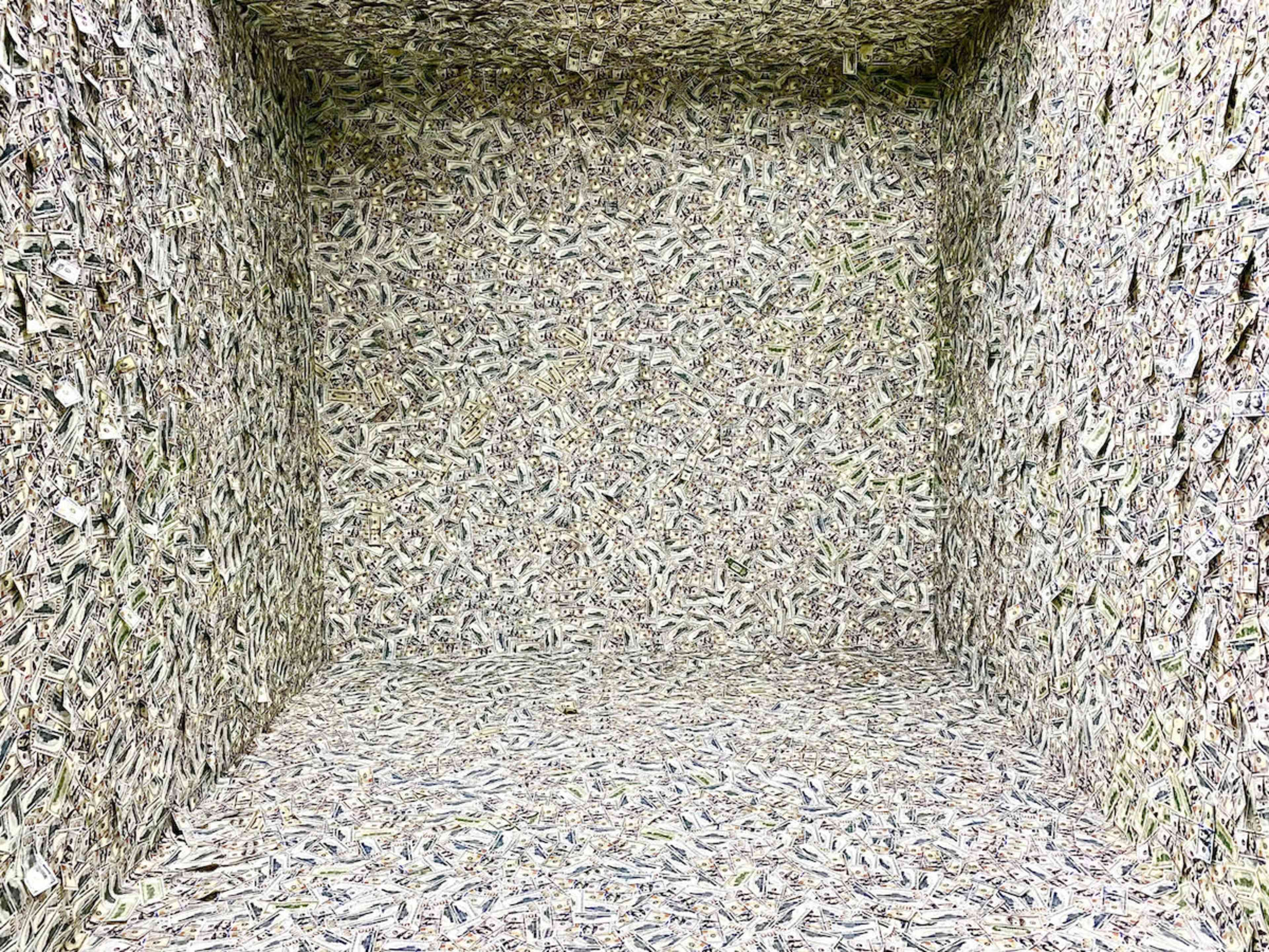 The image shows a small, enclosed space with walls, floor, and ceiling entirely covered in a patterned material resembling crumpled banknotes or paper currency.
