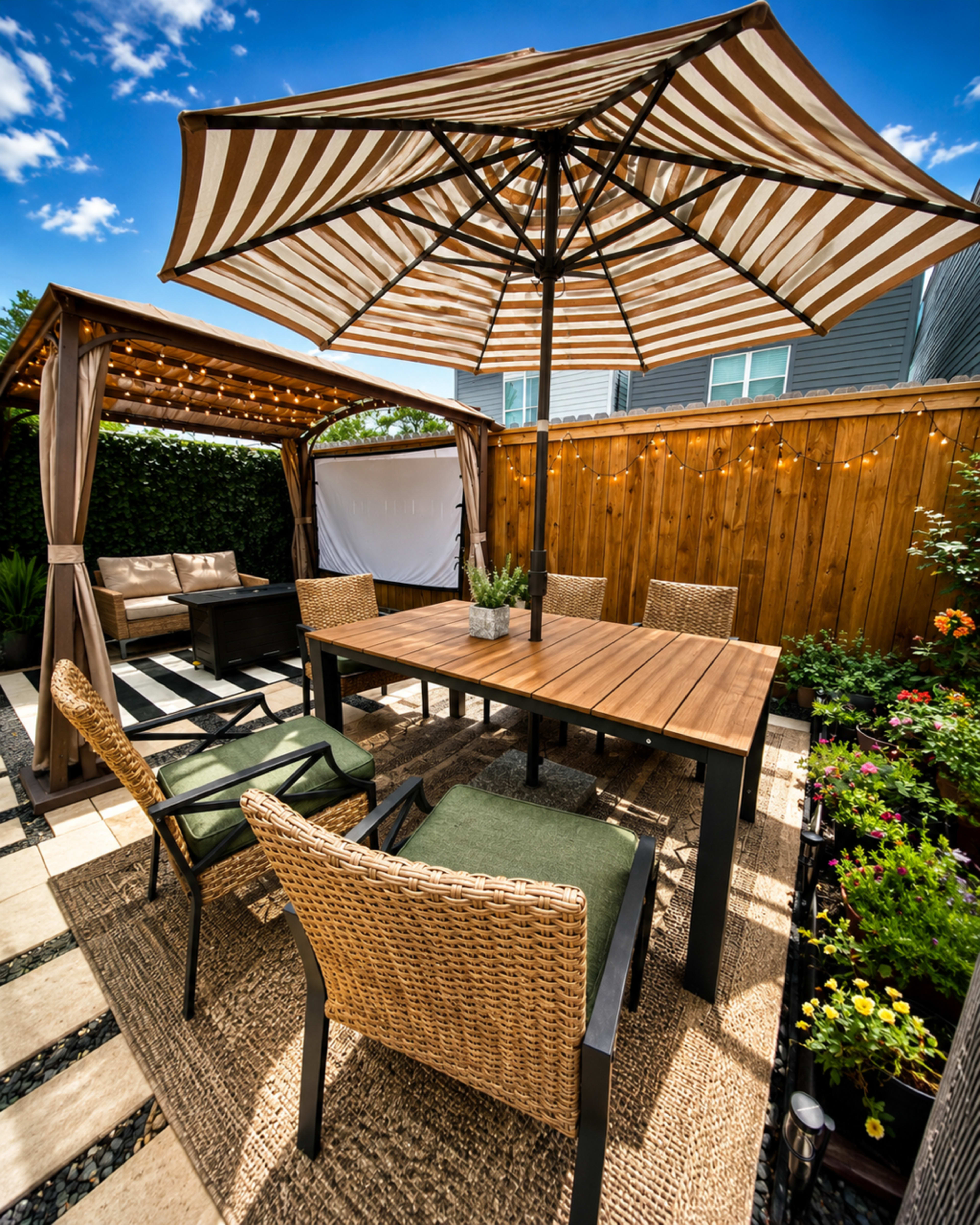 A wooden patio table surrounded by wicker chairs is sheltered by a large striped umbrella, with a gazebo in the background and flower beds lining the edges.