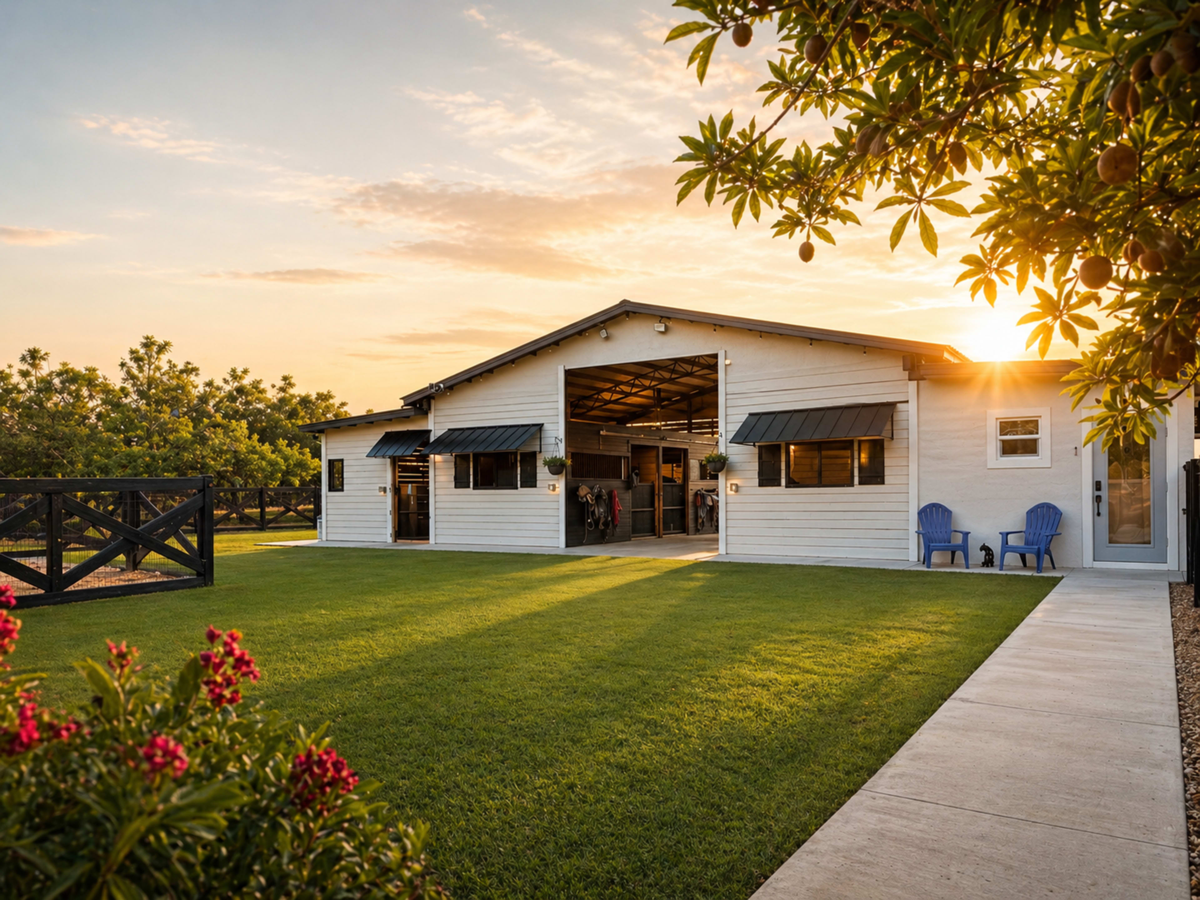 A white building with a large open front sits on a green lawn, framed by trees and flowers as the sun sets in the background.