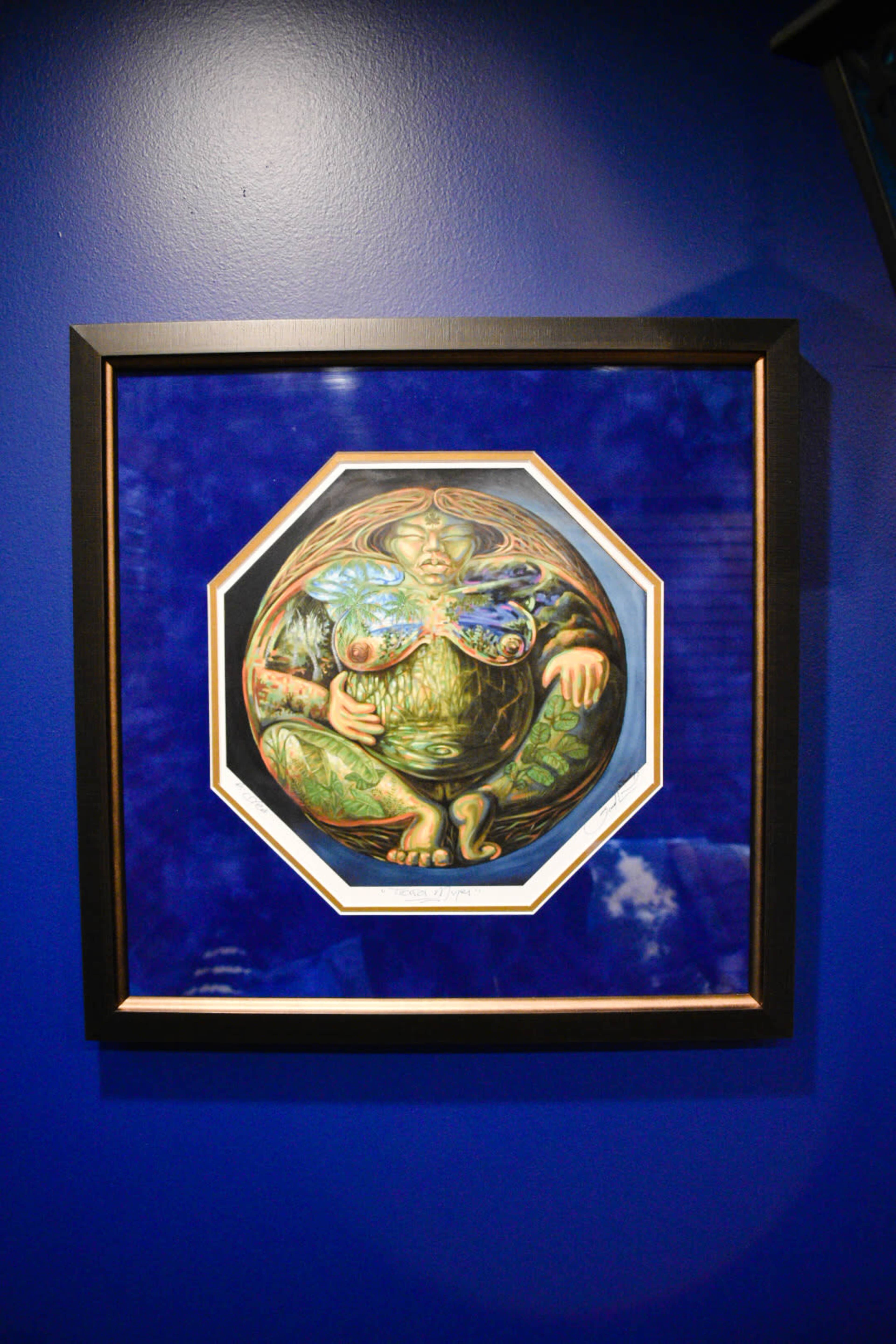 A framed artwork featuring a circular design with intricate details of a figure surrounded by natural elements, set against a deep blue wall.