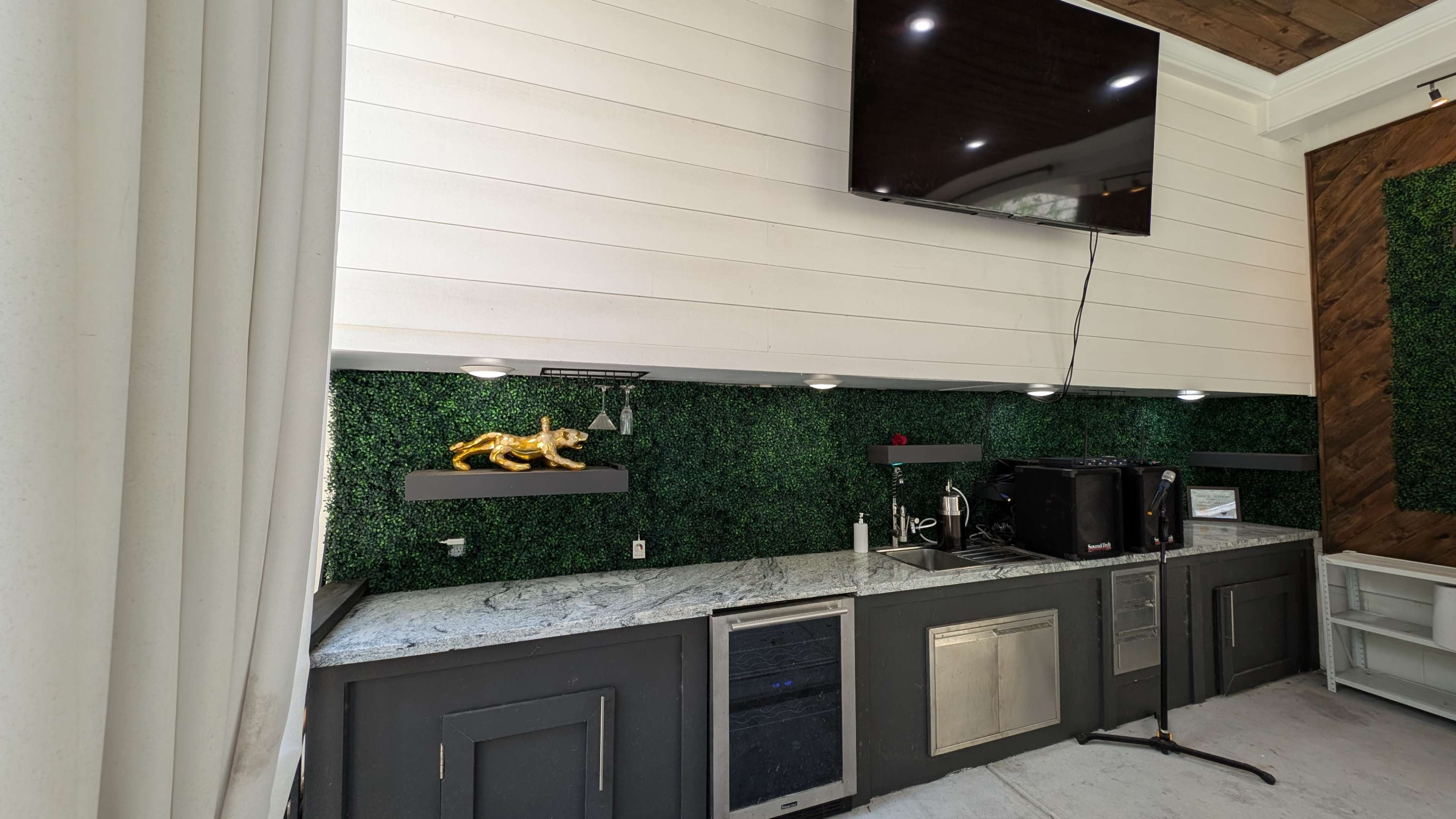 A modern kitchen with a granite countertop, a television mounted on the wall, and green artificial foliage as a backdrop.