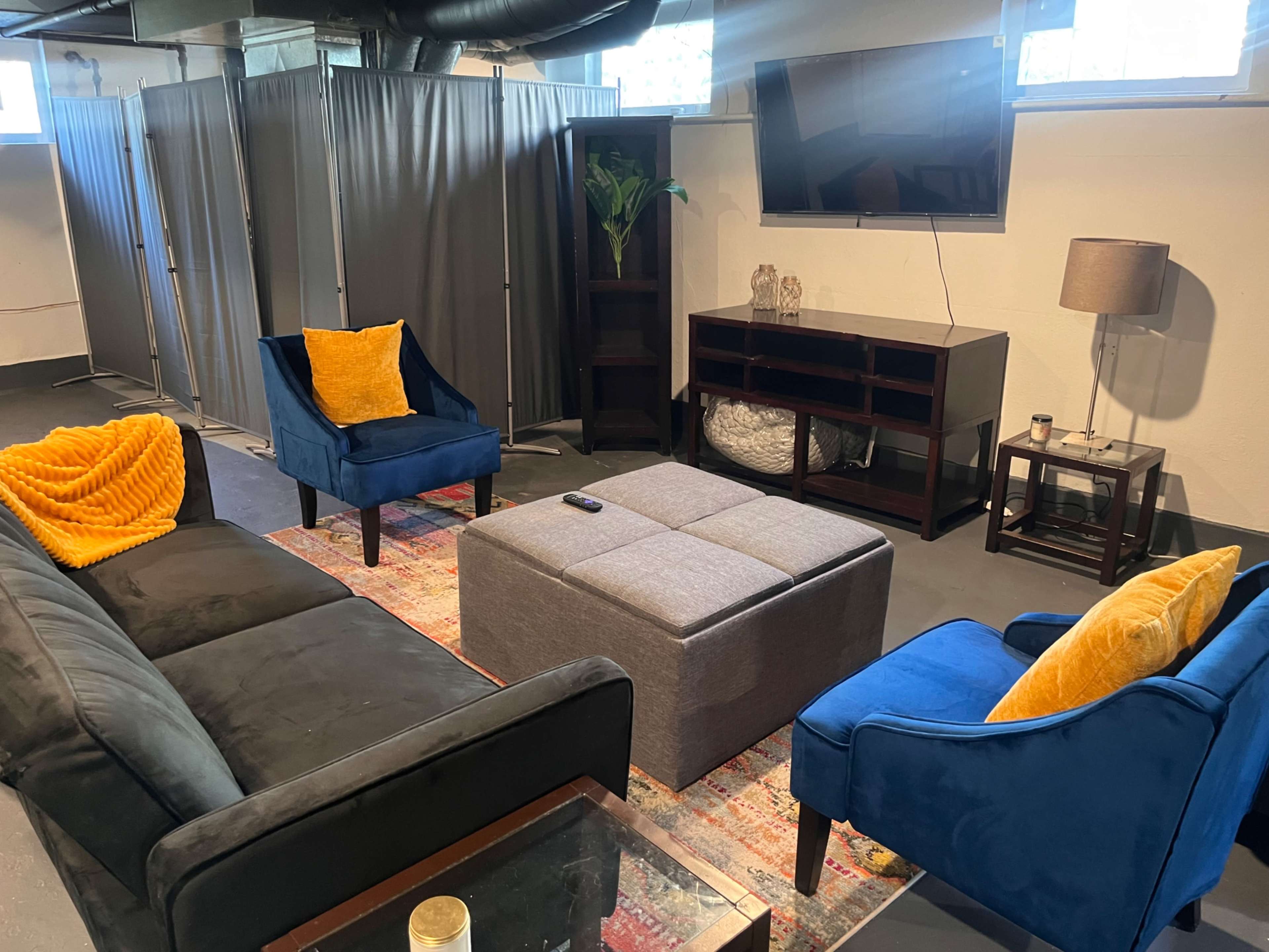 The image shows a basement lounge area with two sofas, an ottoman, a television, and a screen divider in the background.