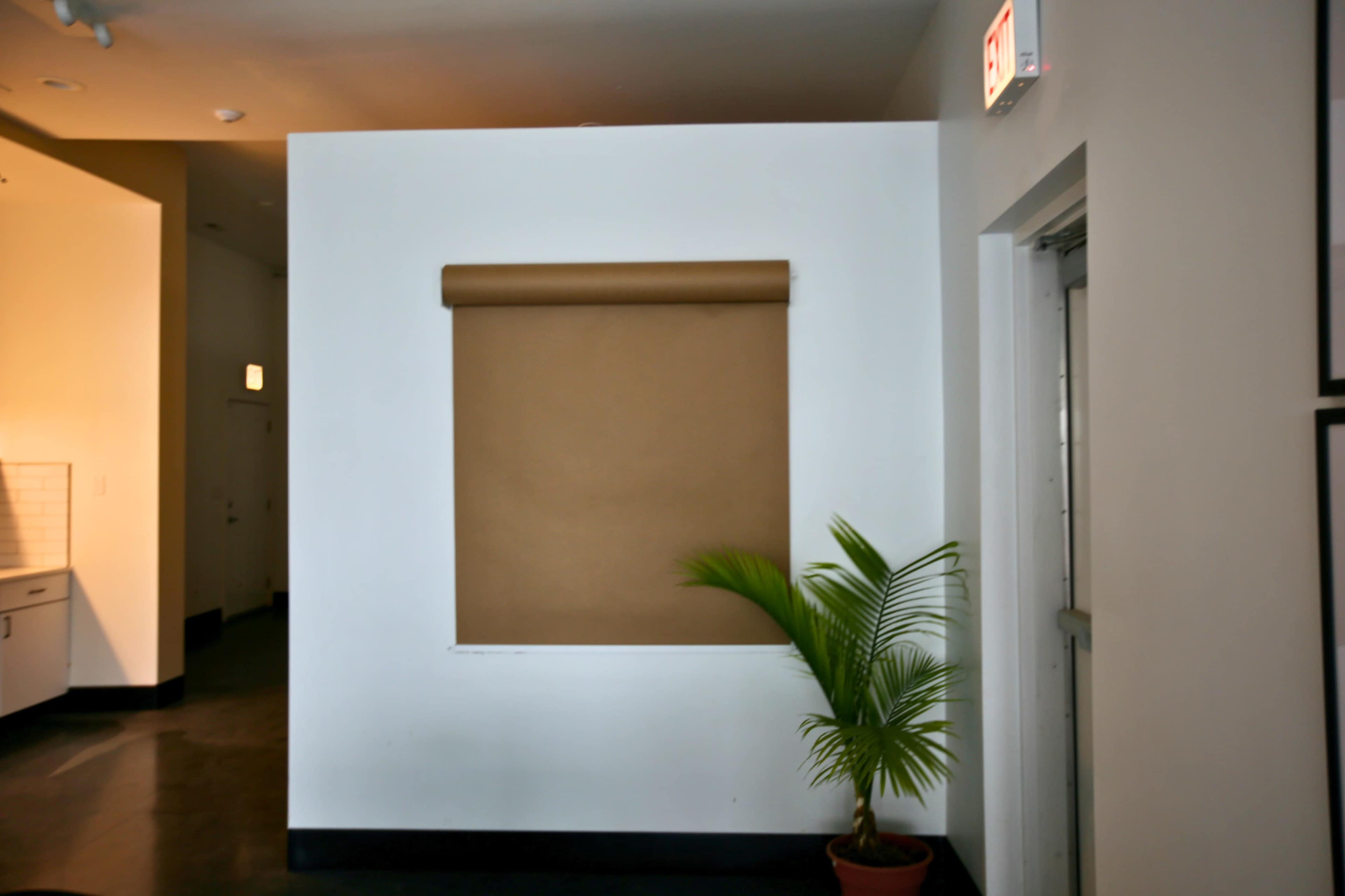 A simple room corner with a brown paper roll-up shade on a white wall and a potted plant nearby.