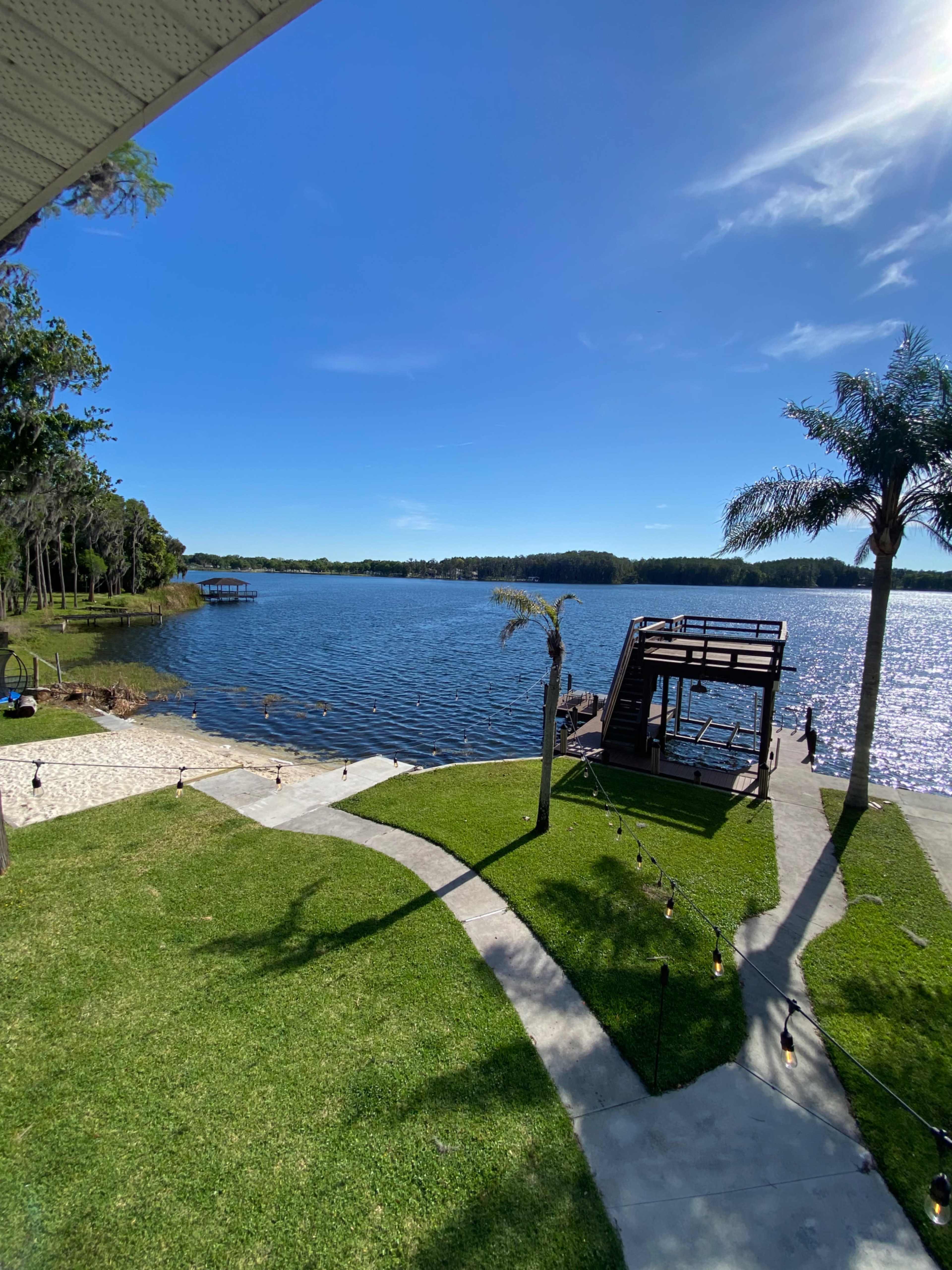 A peaceful lake scene with a dock extending into the water, surrounded by green grass and palm trees.