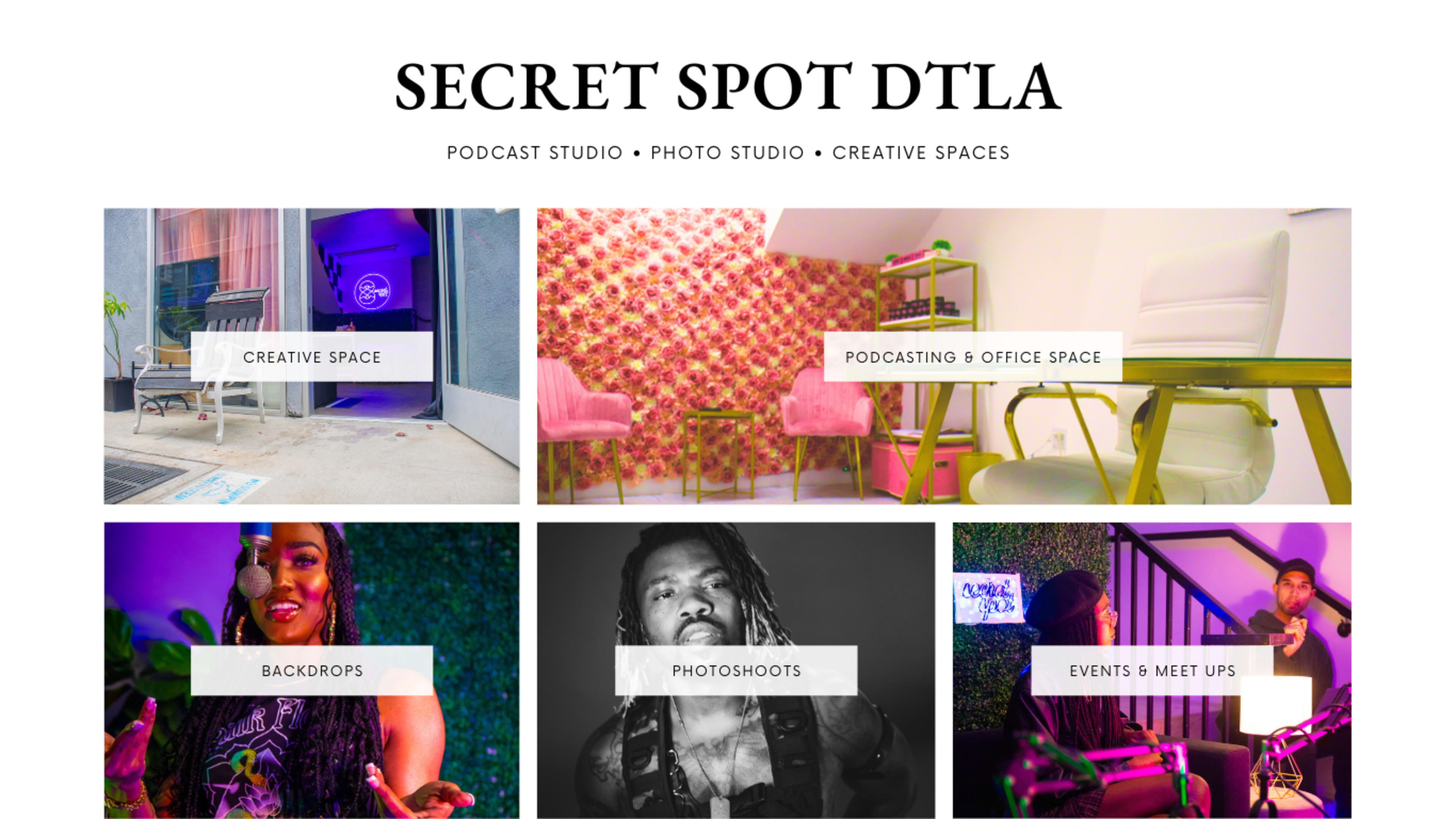 The image displays a promotional layout for "Secret Spot DTLA," featuring various spaces for podcasting, photoshoots, and events, along with vibrant backdrops.