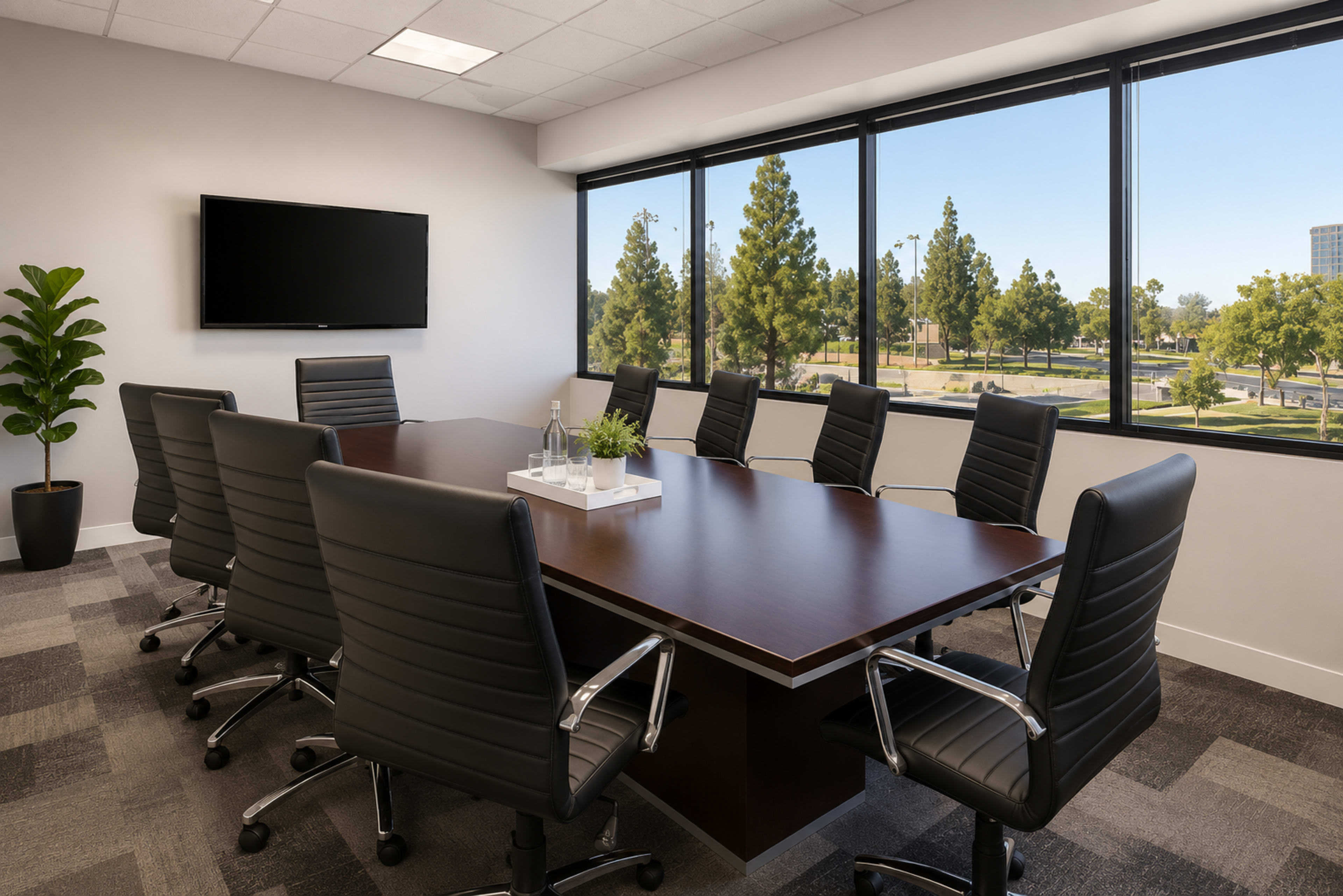 A modern conference room features a large wooden table surrounded by ergonomic black chairs, with a flat-screen TV mounted on the wall and large windows overlooking a landscaped area.