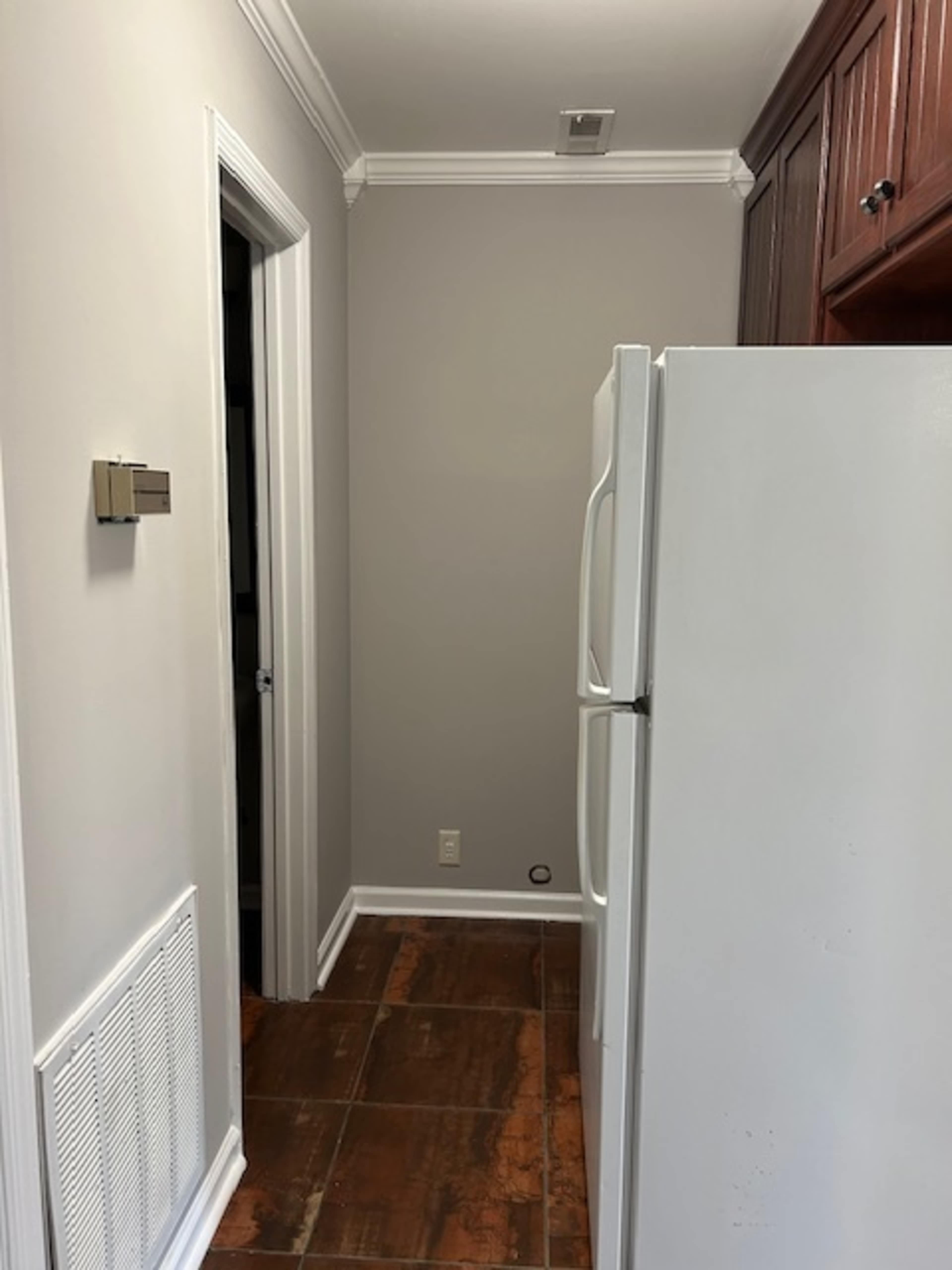 A narrow hallway features a white refrigerator next to a wall with a door leading to another room.