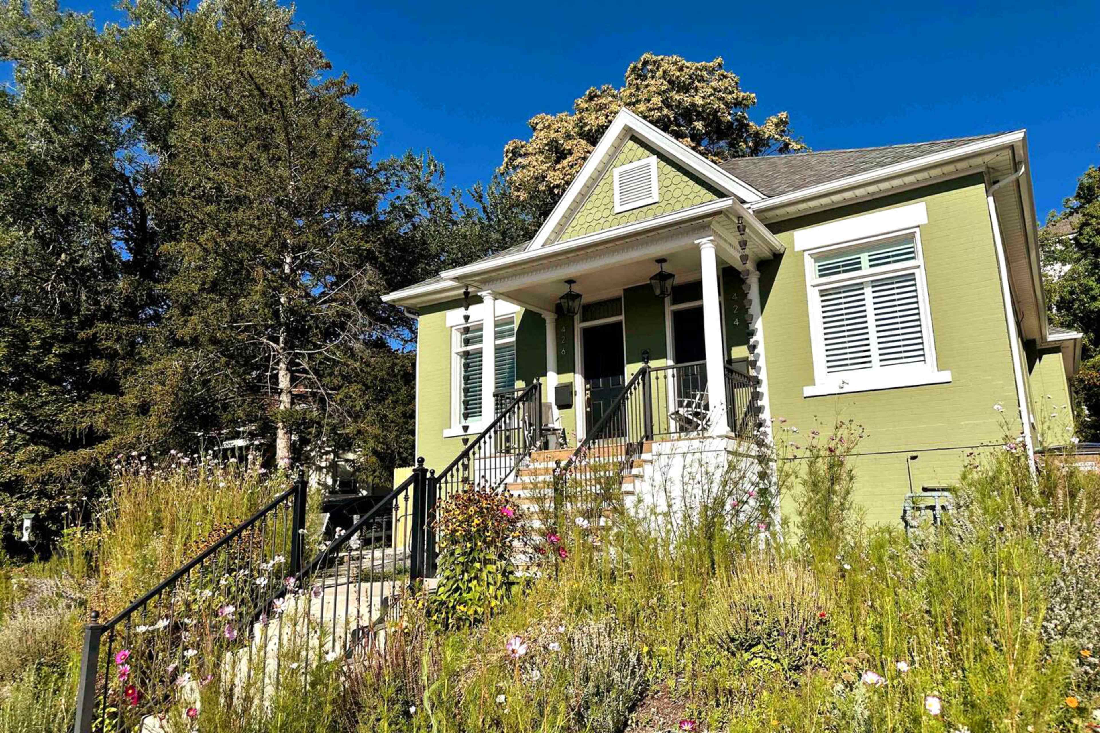 A green house with white trim and steps is surrounded by tall grass and wildflowers under a clear blue sky.