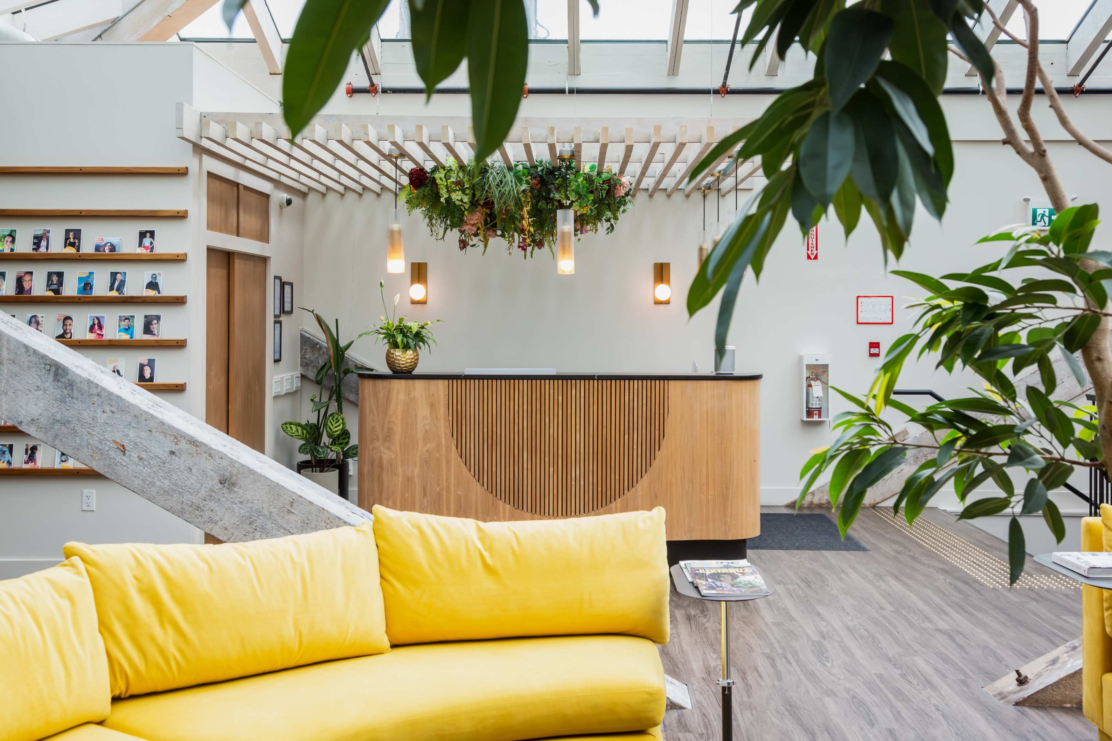 The image shows a modern reception area with a wooden desk, plants hanging from the ceiling, and a yellow sofa in the foreground.