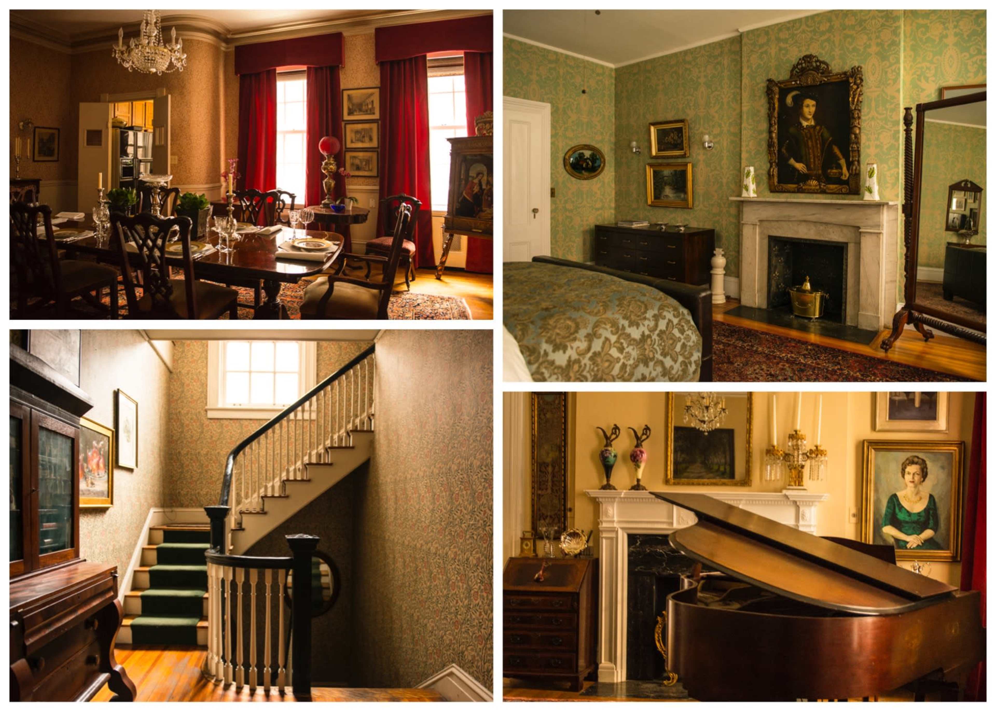 A multi-room interior of a vintage home, featuring a dining room, bedroom, staircase, and a music room with a grand piano, all adorned with classic decor and artwork.