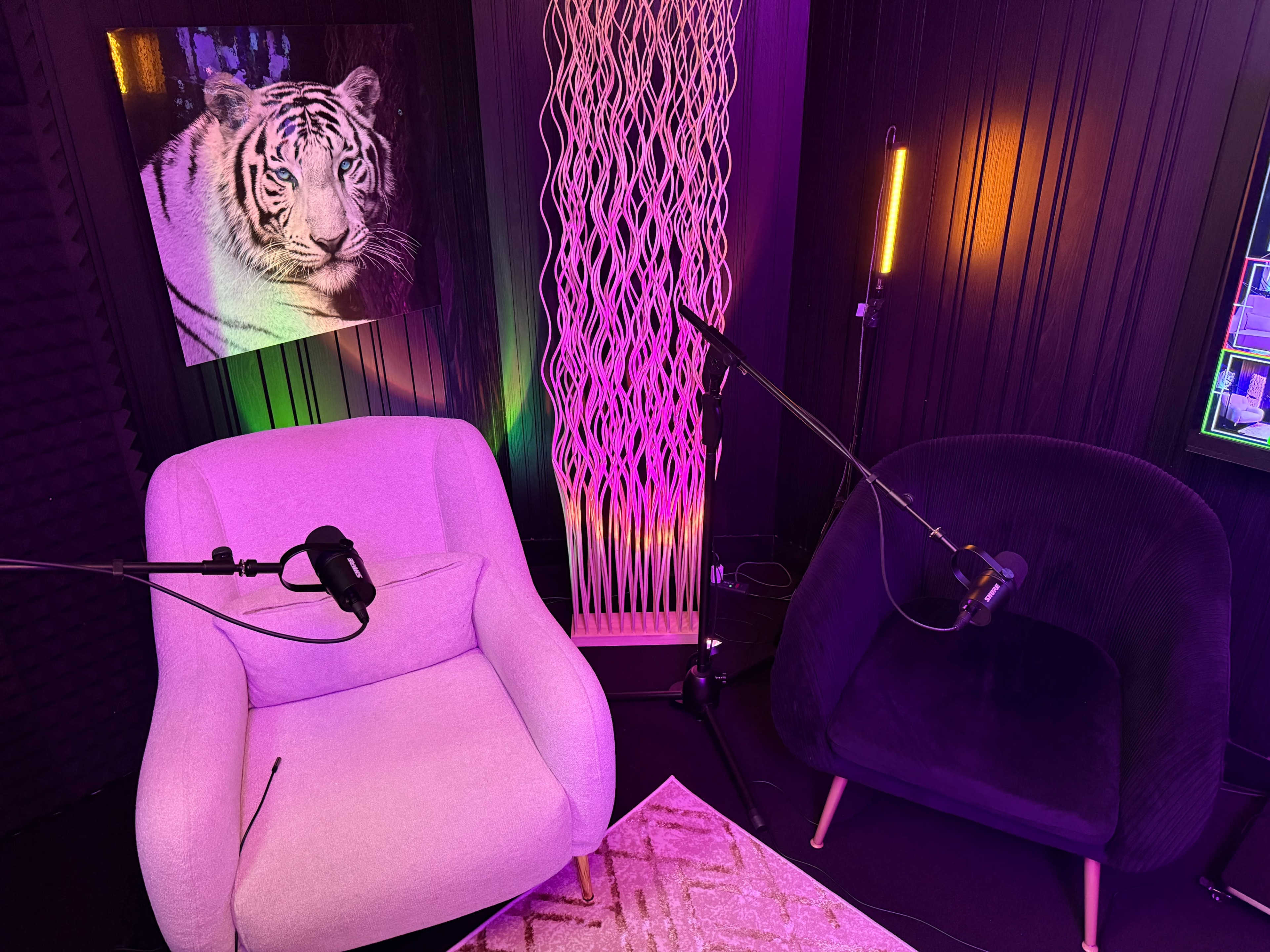 The image shows a podcast studio setup with two chairs, microphones, and a decorative wall featuring a tiger portrait and colorful lighting.