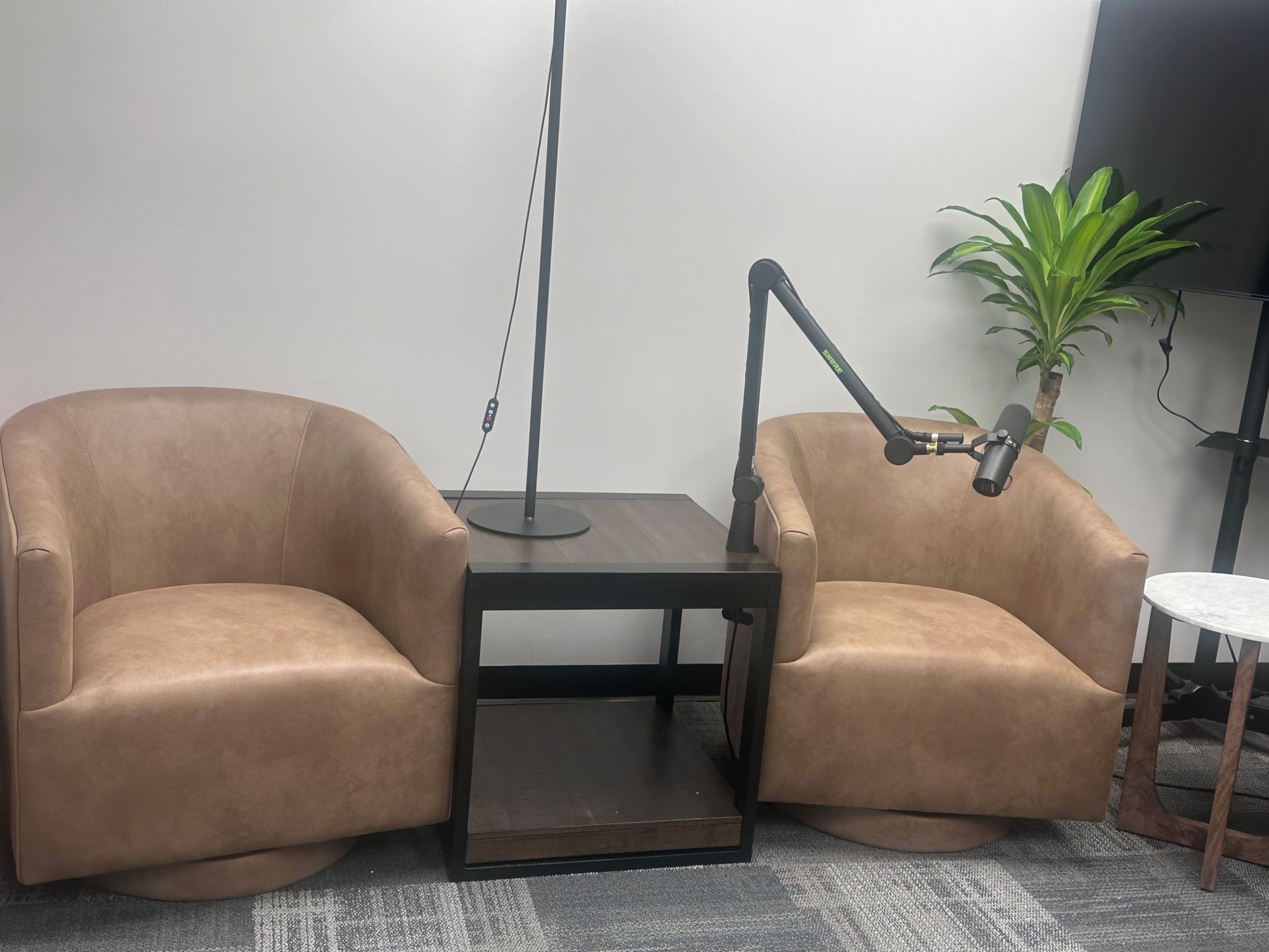 The image shows two beige lounge chairs positioned around a small wooden table with a lamp, alongside a potted plant.