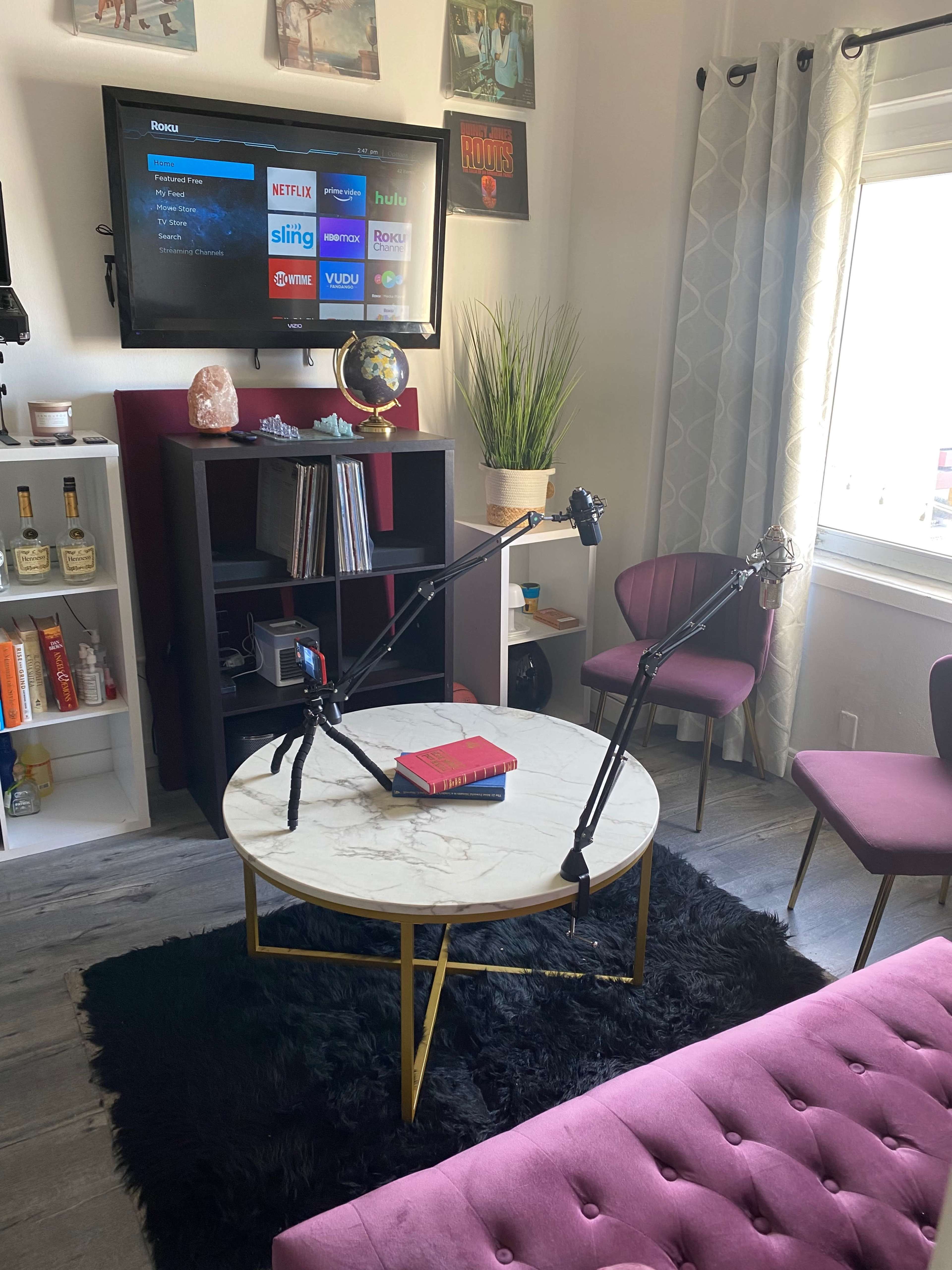 A cozy living space featuring a coffee table with books, two microphones mounted on stands, a television displaying streaming service options, and various decorative elements in the background.