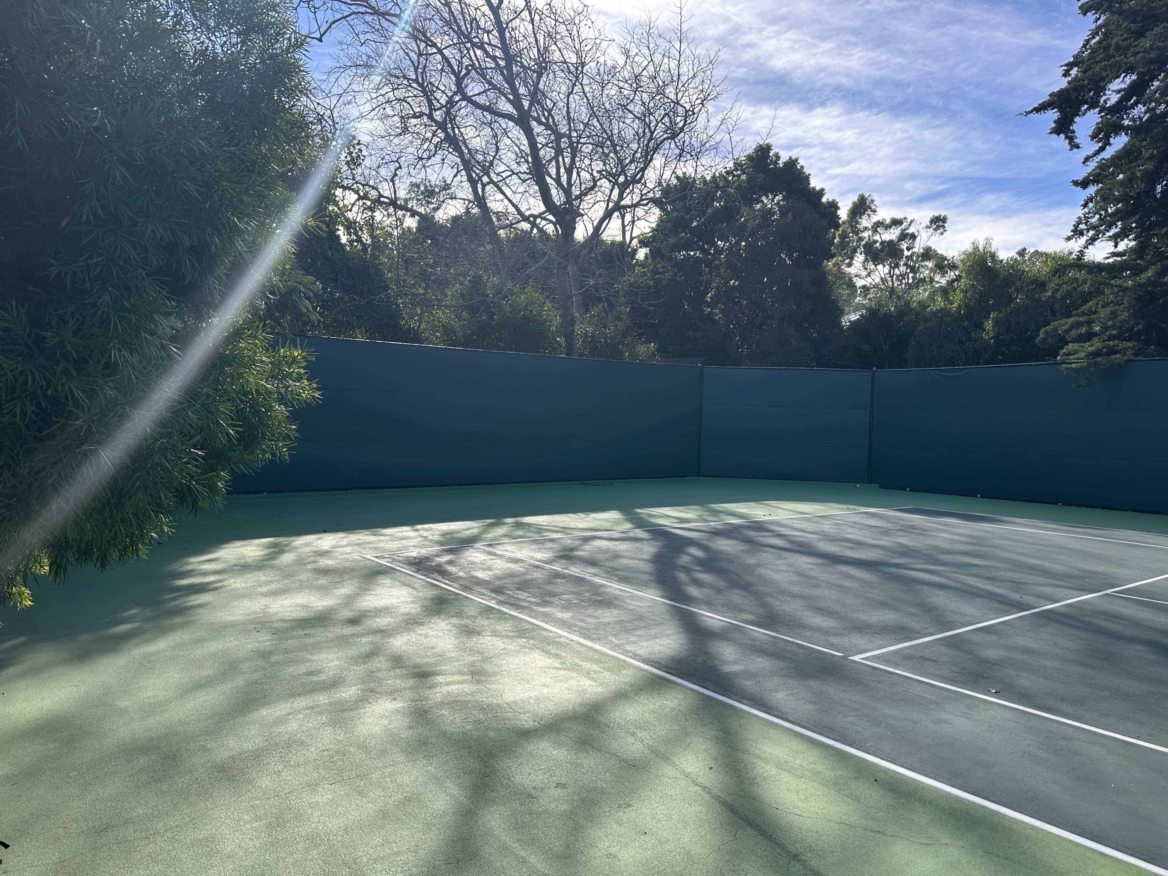 The image shows a tennis court surrounded by trees with a clear blue sky and sunlight casting shadows on the ground.