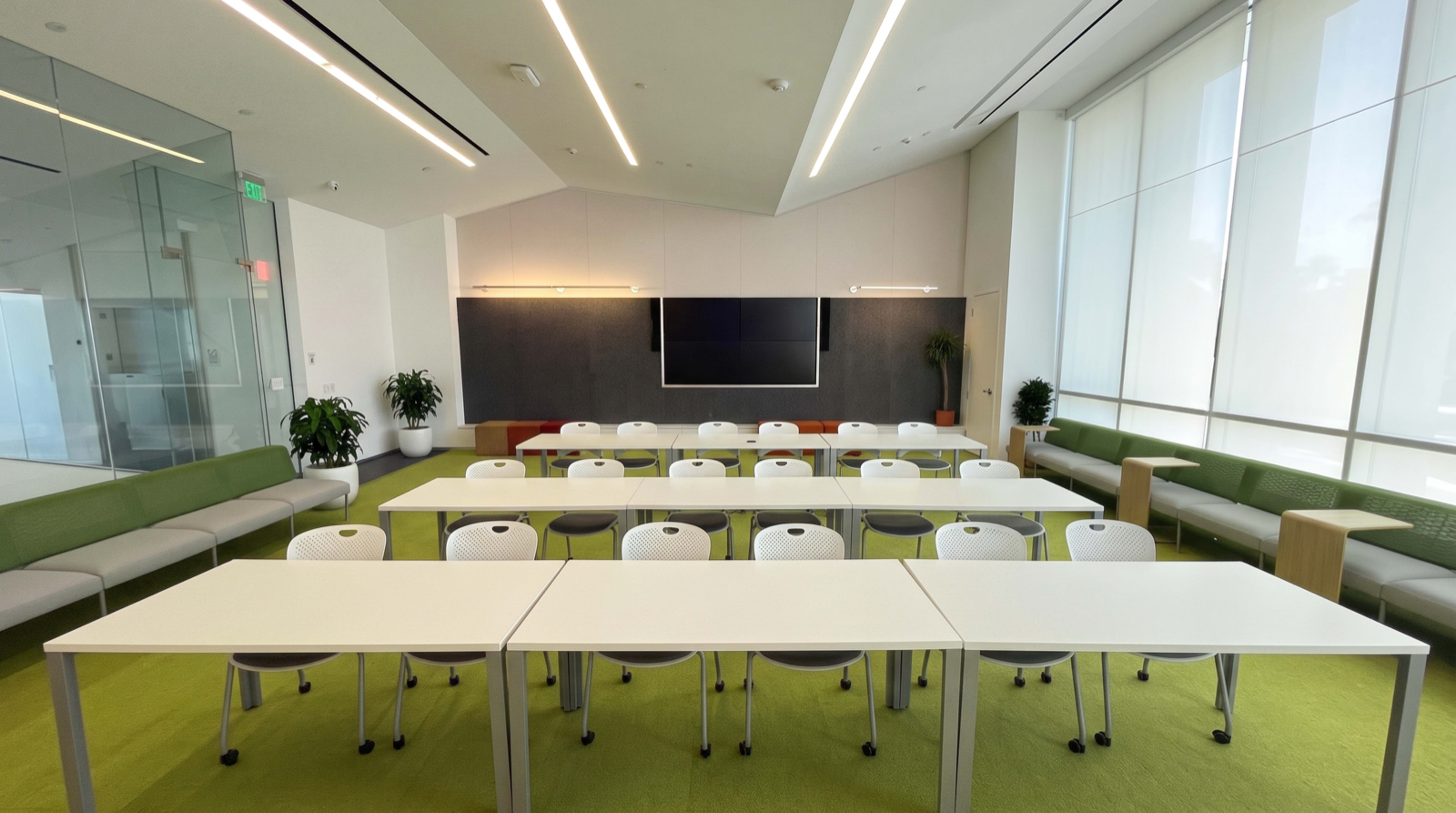 The image shows a modern classroom setup with multiple rows of white tables and chairs, a large screen on the wall, and green carpet and seating areas.