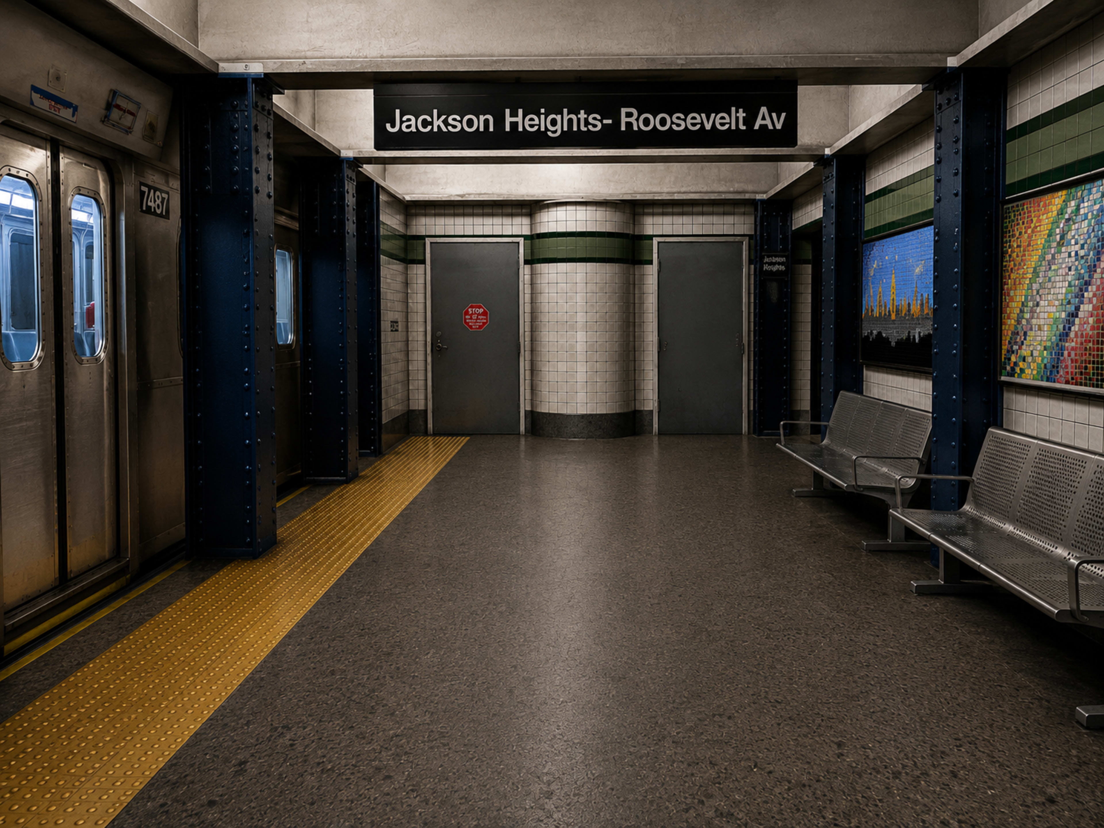 The image shows a subway station platform with a sign labeling it as "Jackson Heights - Roosevelt Av," featuring benches and a train car at the left.