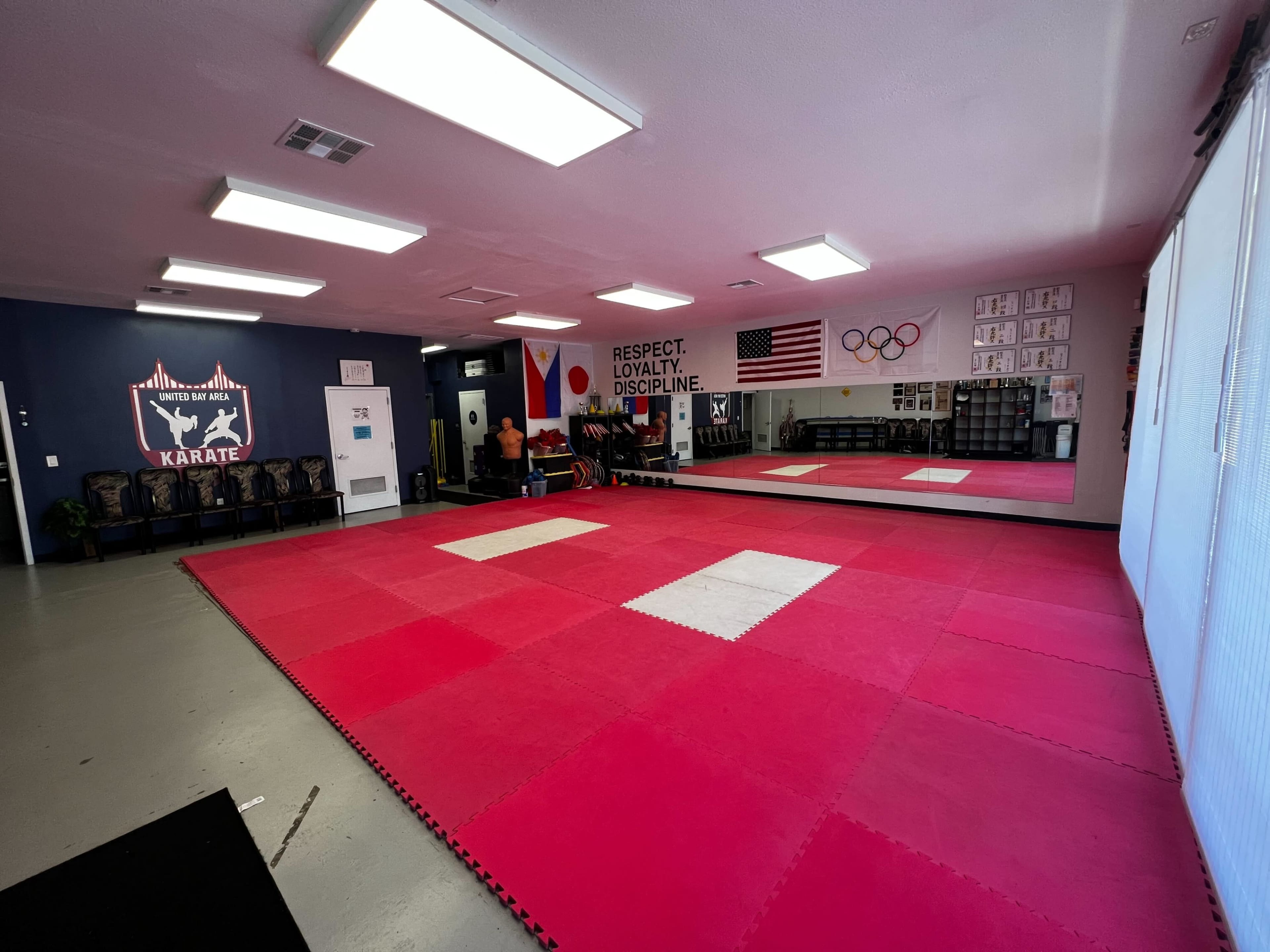 A martial arts training room with pink mats, a large mirror, and various flags and certificates displayed on the walls.