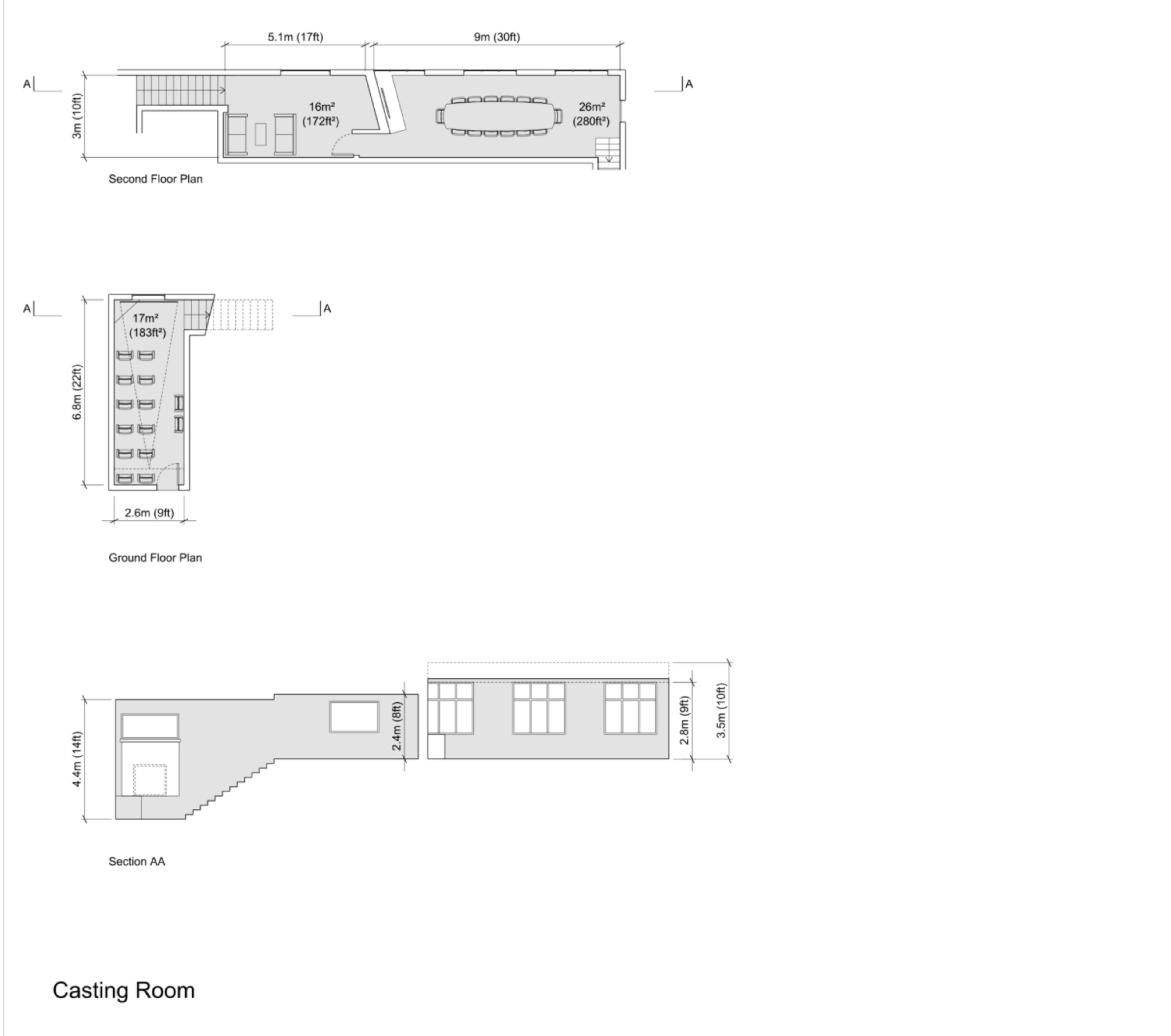 Architectural floor plans for a casting room, including layouts for the second floor, ground floor, and a section view.