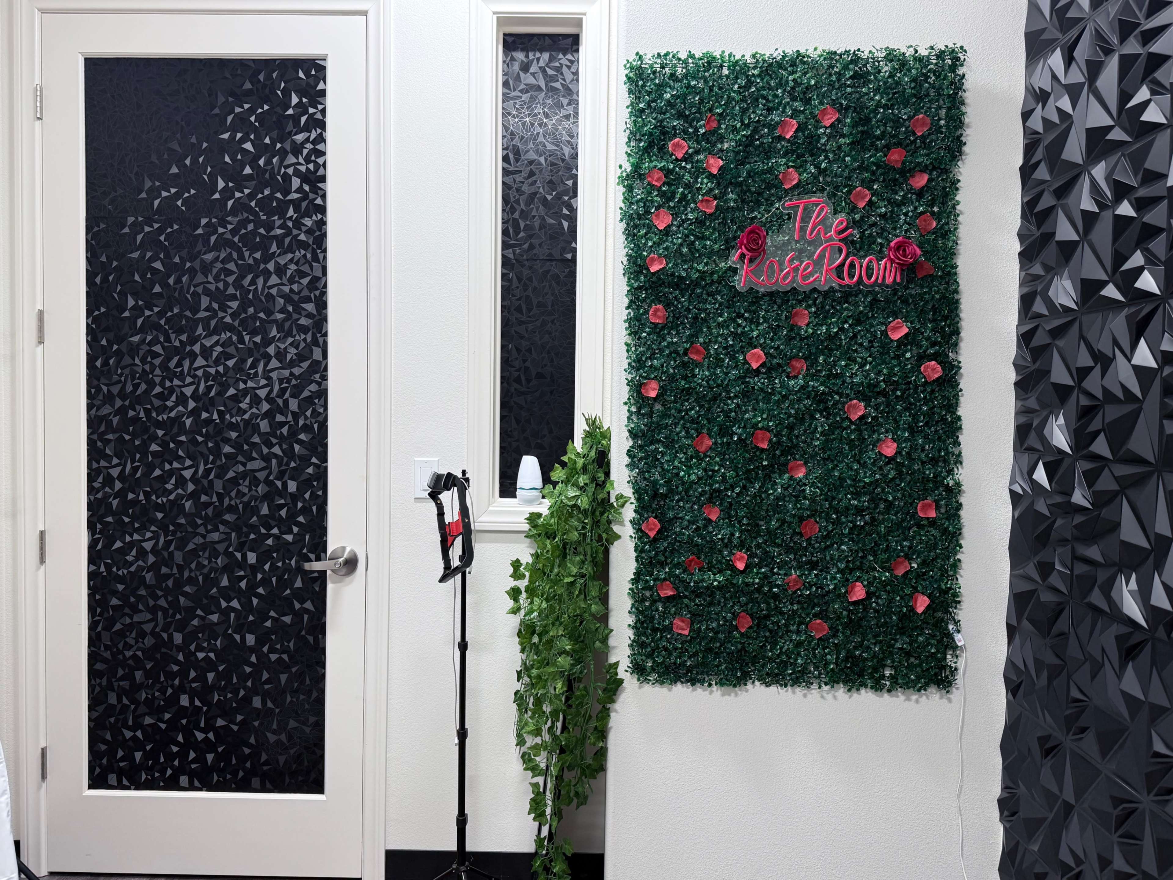 The image shows an interior space featuring a door with a patterned glass panel, a mirror, and a wall decorated with green foliage and red roses, labeled "The Rose Room."