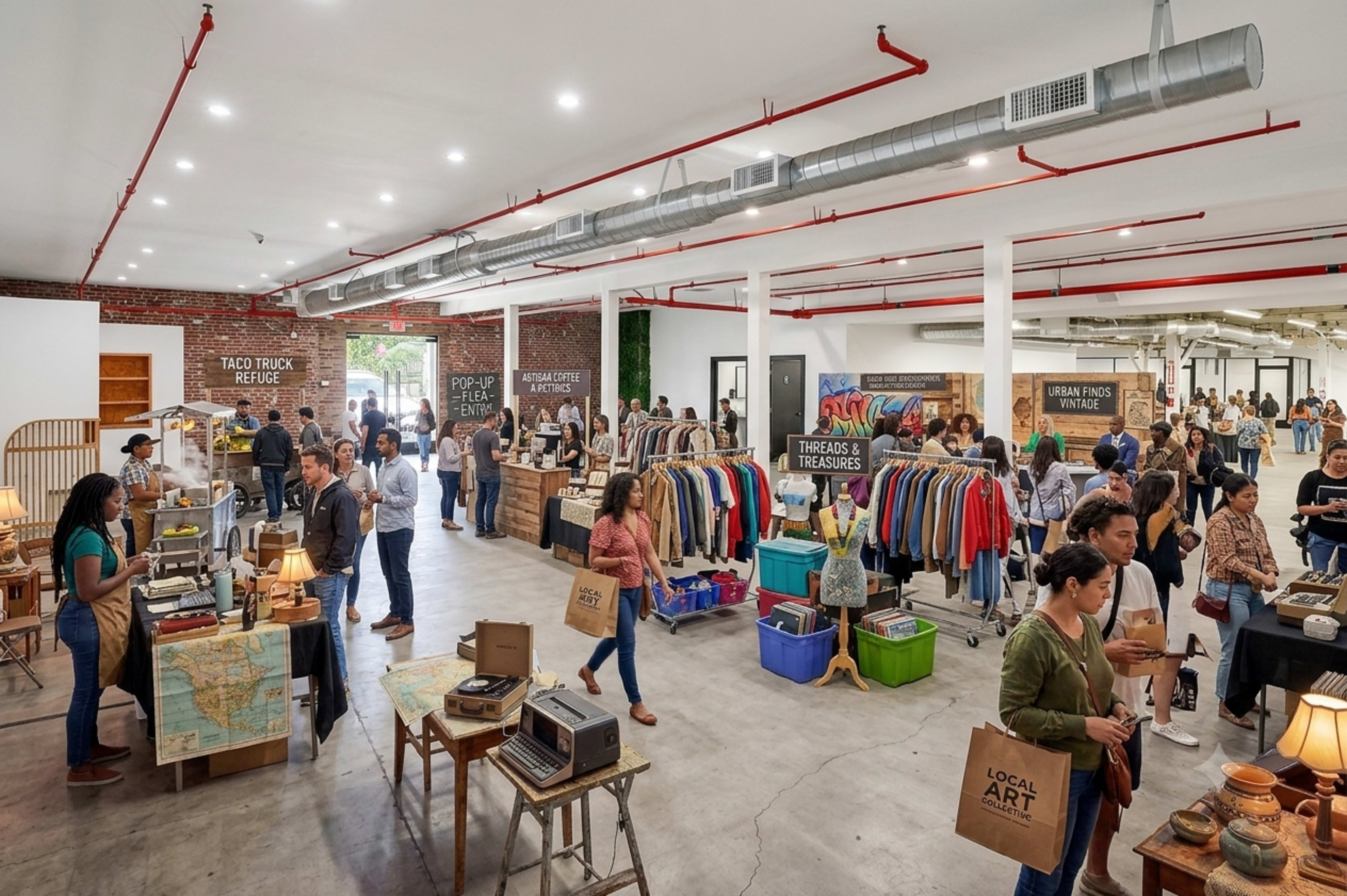 A bustling indoor marketplace features vendors selling vintage clothing and art, while shoppers browse and engage throughout the spacious area.