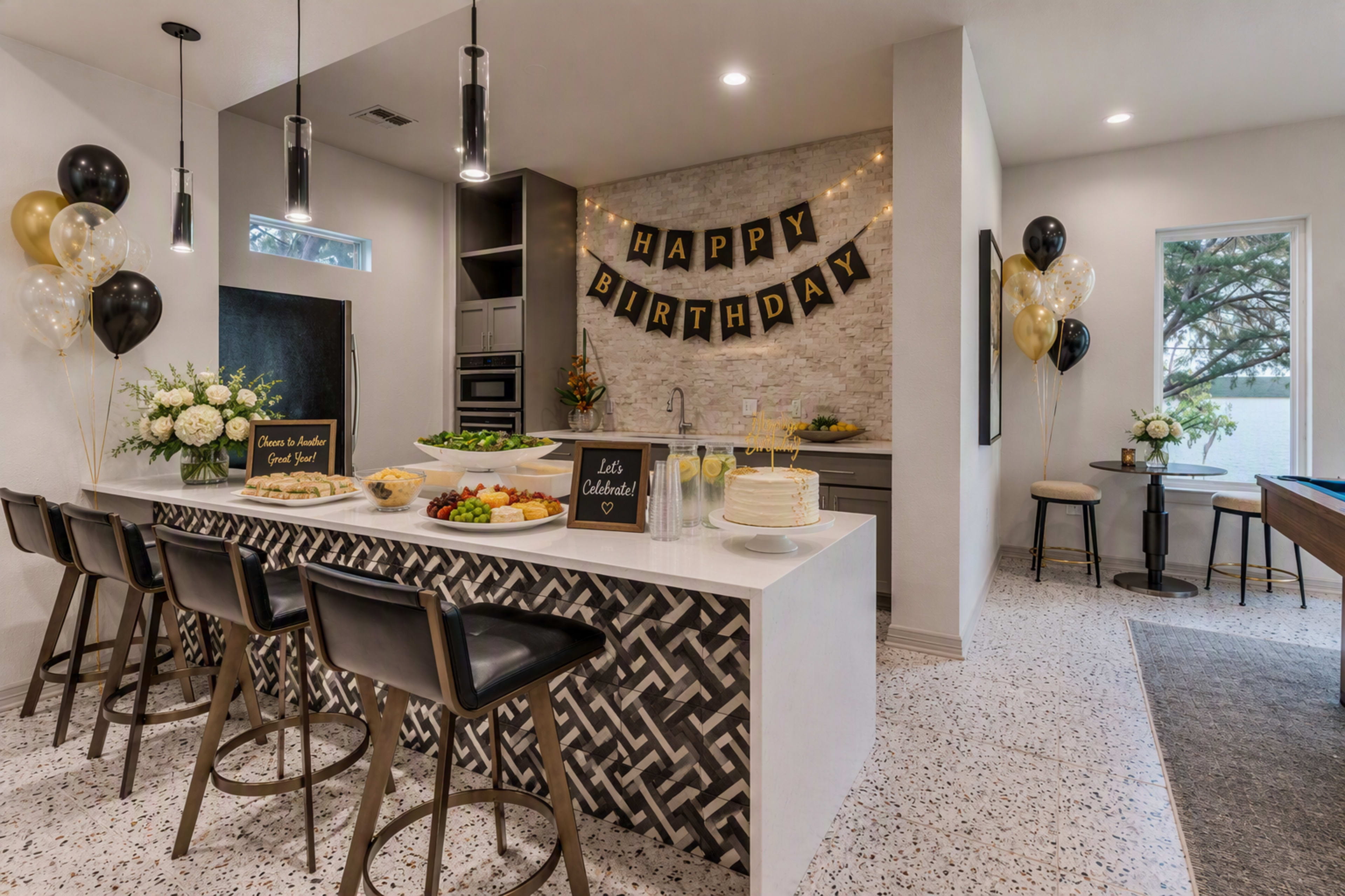 A modern kitchen is decorated for a birthday celebration, featuring a "Happy Birthday" banner, floral arrangements, food, and balloons.
