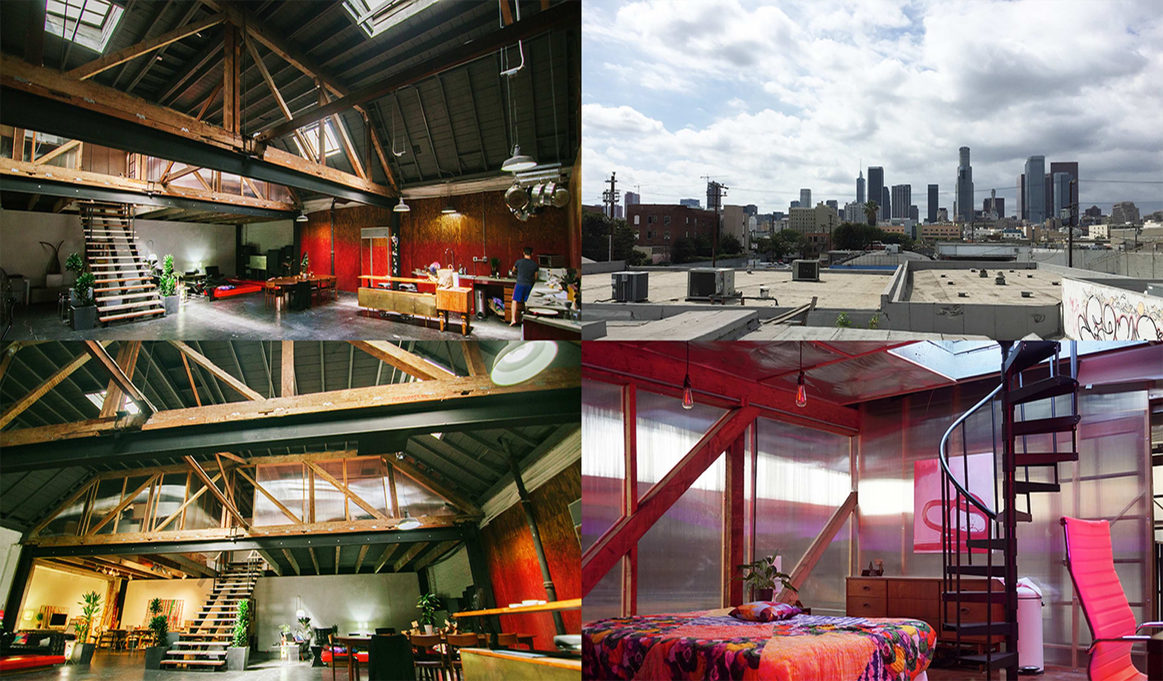 A split view of a modern loft with exposed wooden beams and a spiral staircase, alongside a city skyline in the background under a cloudy sky.