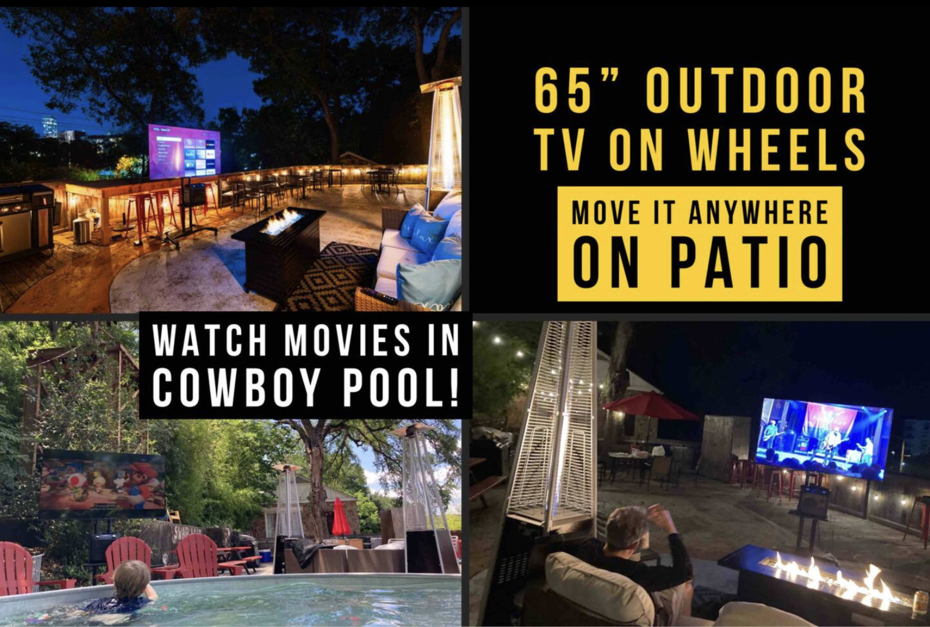 A 65-inch outdoor TV mounted on wheels placed on a patio for flexible viewing, with options to watch movies from a pool area.