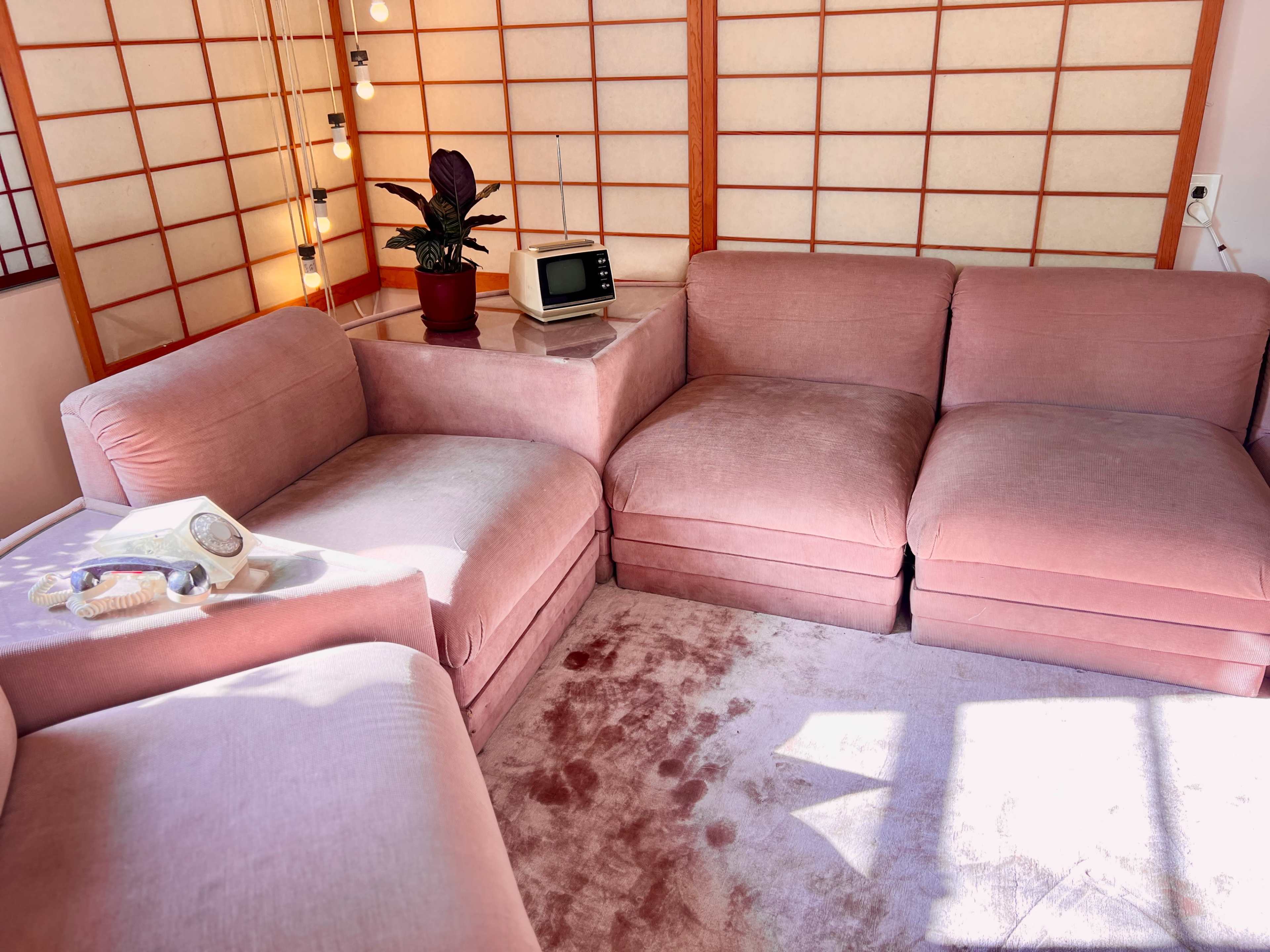 A cozy seating area with a pink sectional couch, a potted plant, and a small vintage radio on a side table.