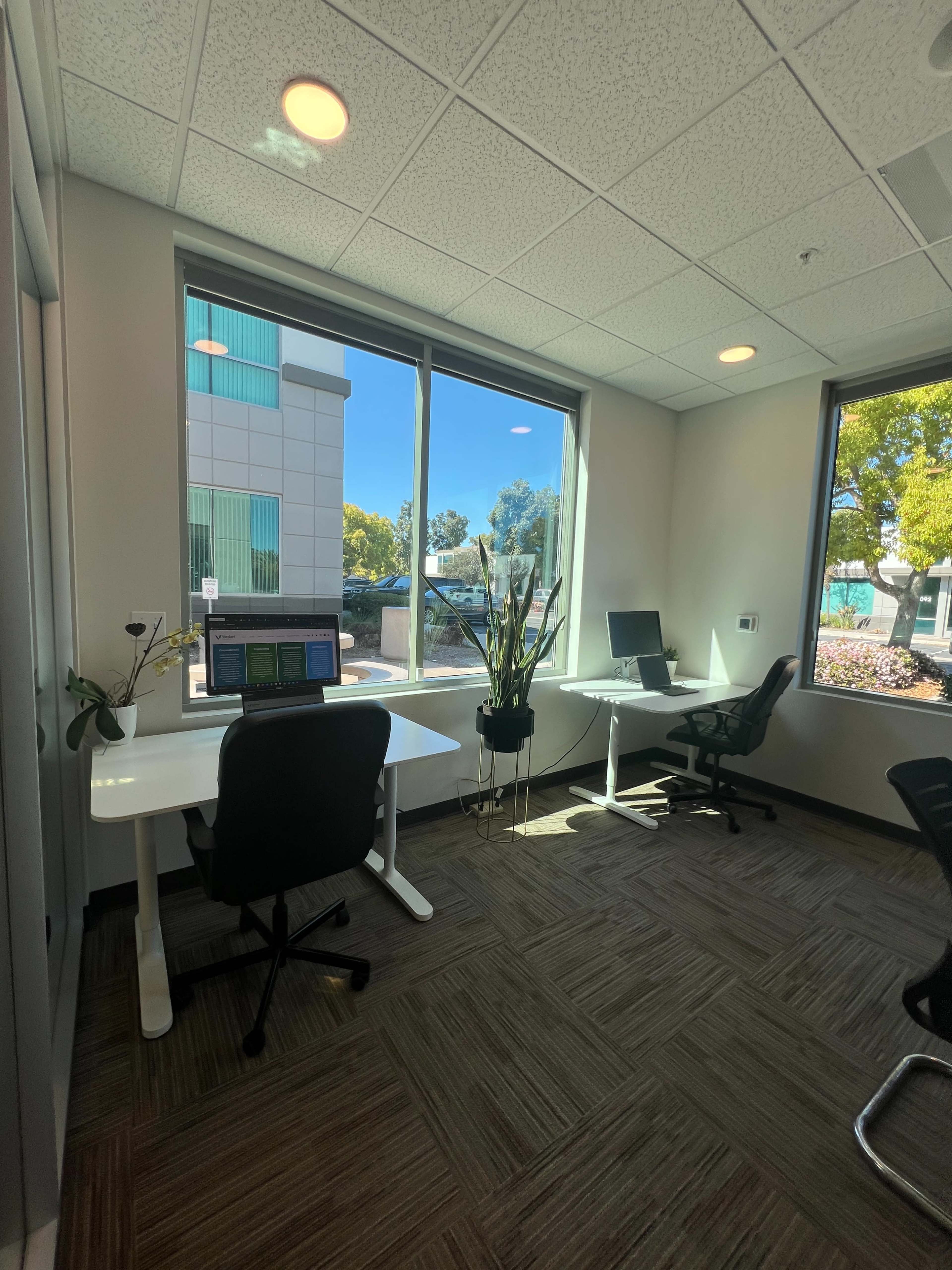 The image shows a modern office space with two desks, one equipped with a laptop and the other with a computer, situated near large windows that provide a view of greenery outside.