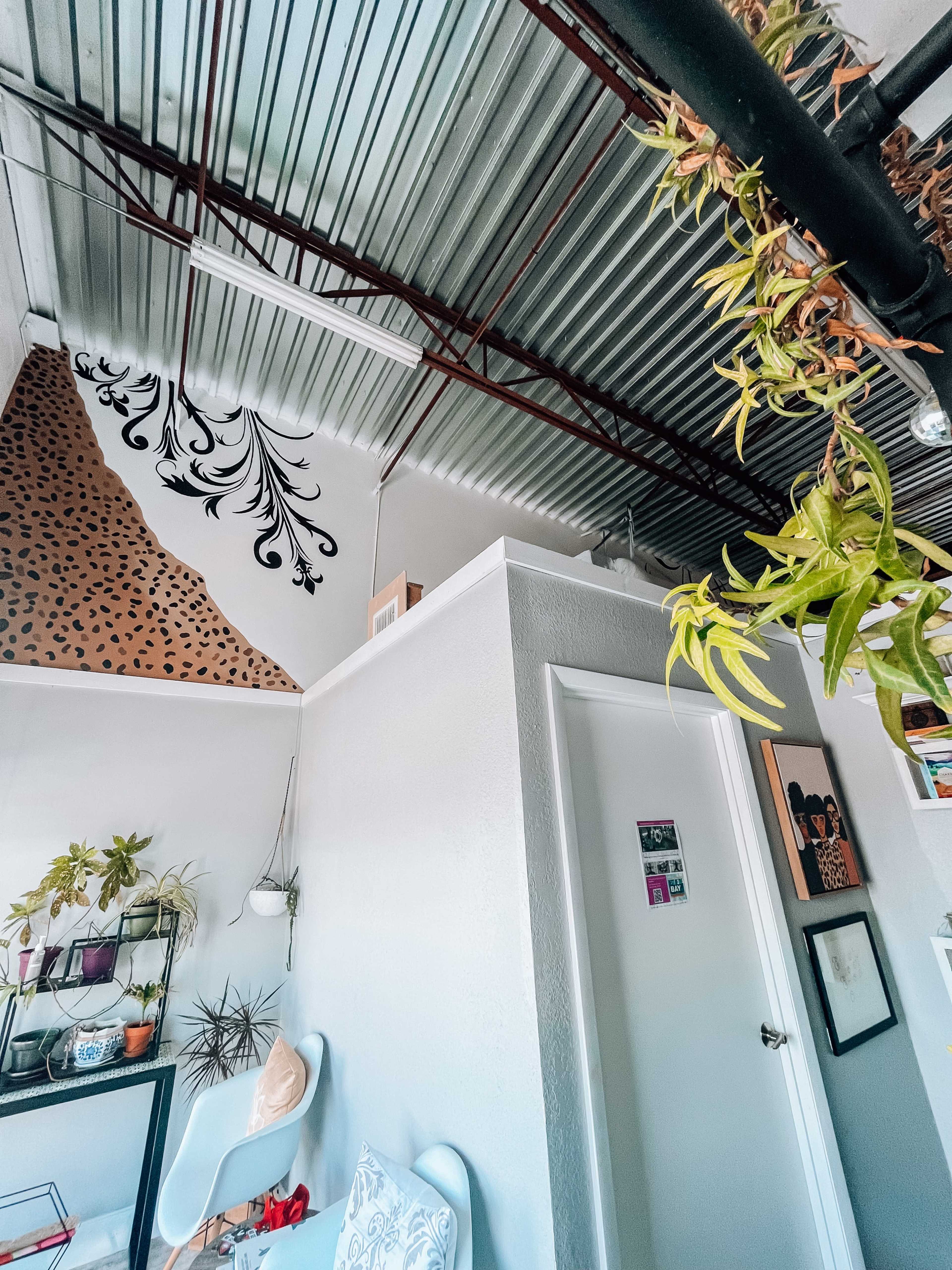 The image shows a corner of a modern room featuring a textured ceiling, a decorated wall with a leopard print design, a potted plant hanging from the ceiling, and a closed white door.